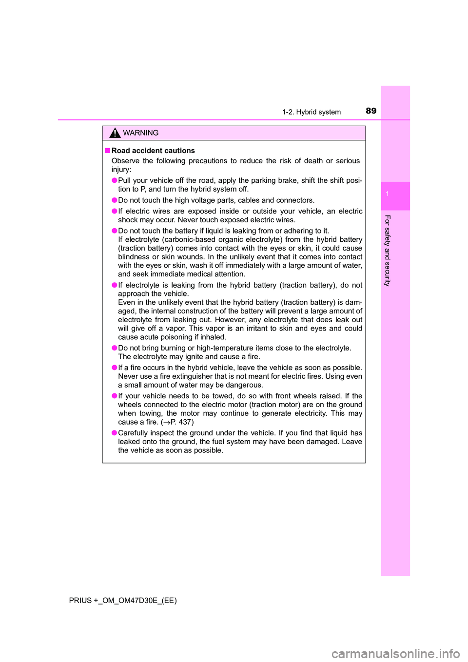 TOYOTA PRIUS PLUS 2019  Owners Manual 891-2. Hybrid system
1
PRIUS +_OM_OM47D30E_(EE)
For safety and security
WARNING
■Road accident cautions 
Observe the following precautions to reduce the risk of death or serious 
injury: 
● Pull y