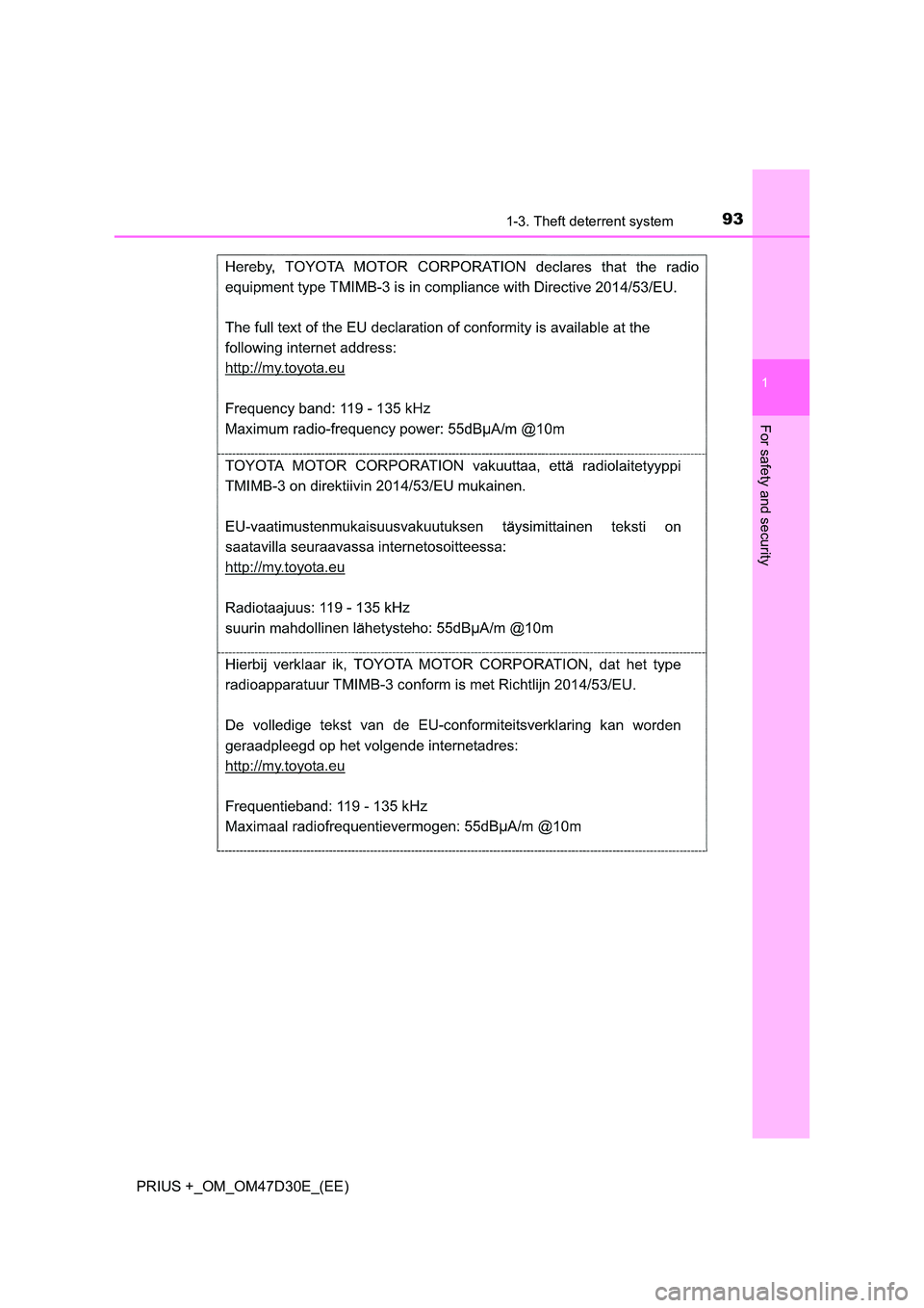 TOYOTA PRIUS PLUS 2019  Owners Manual 931-3. Theft deterrent system
1
PRIUS +_OM_OM47D30E_(EE)
For safety and security 