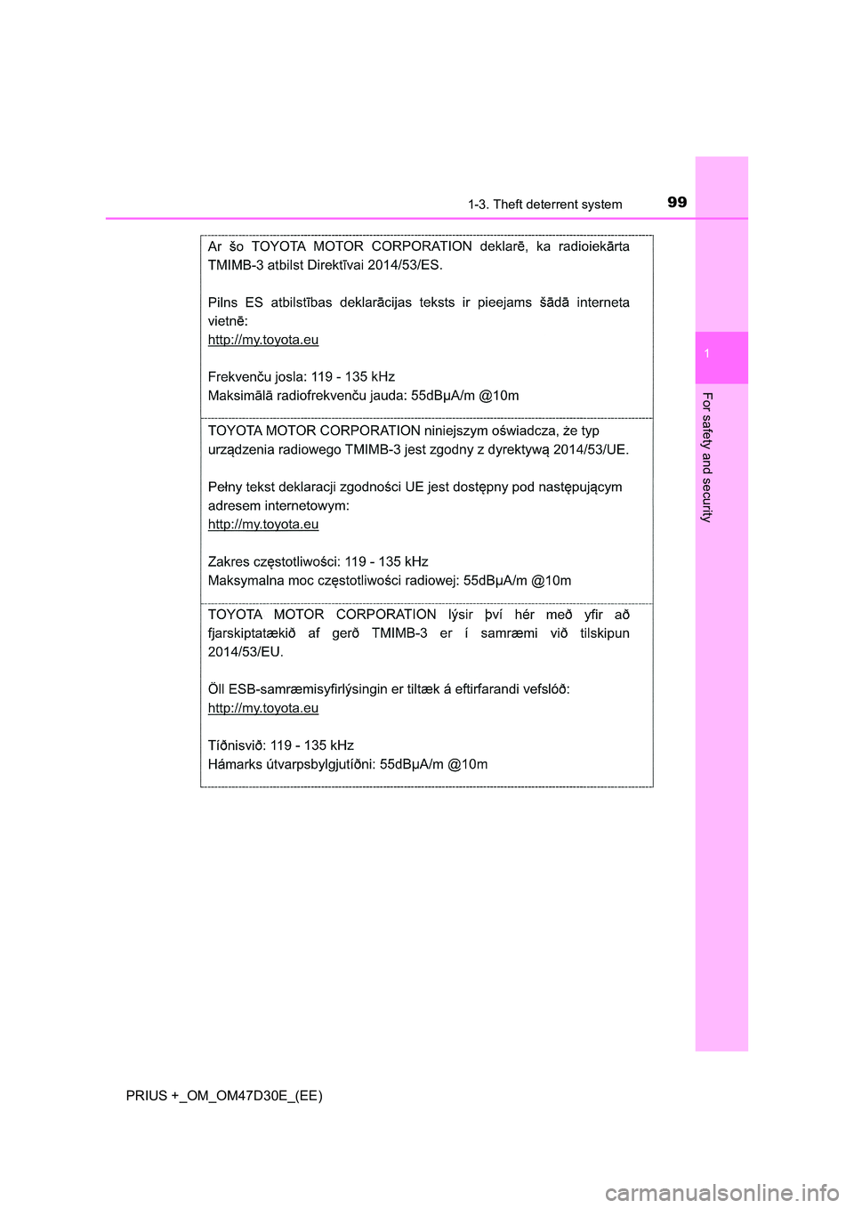 TOYOTA PRIUS PLUS 2019  Owners Manual 991-3. Theft deterrent system
1
PRIUS +_OM_OM47D30E_(EE)
For safety and security 