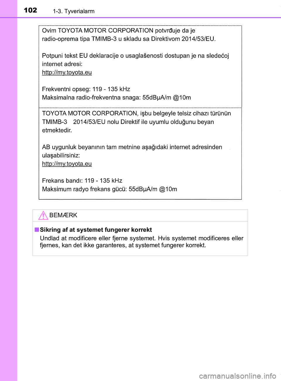 TOYOTA PRIUS PLUS 2019  Brugsanvisning (in Danish) 1021-3. Tyverialarm
PRIUS +_OM_OM47D30DK_(EE)
BEMÆRK
nSikring af at systemet fungerer korrekt
Undlad at modificere eller fjerne systemet. Hvis systemet modificeres eller
fjernes, kan det ikke garante