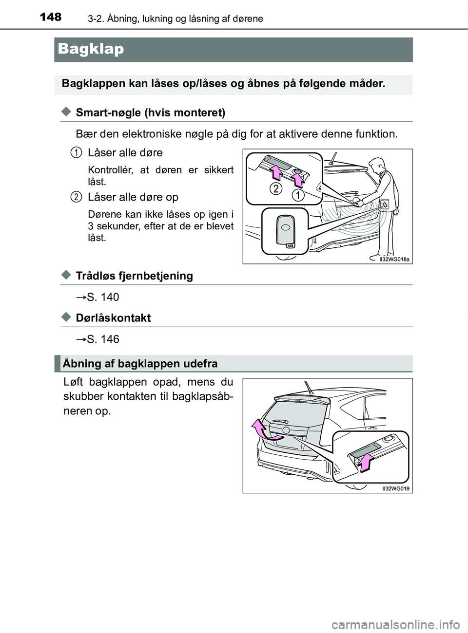 TOYOTA PRIUS PLUS 2019  Brugsanvisning (in Danish) 1483-2. Åbning, lukning og låsning af dørene
PRIUS +_OM_OM47D30DK_(EE)
Bagklap
uSmart-nøgle (hvis monteret)
Bær den elektroniske nøgle på dig for at aktivere denne funktion.
Låser alle døre
K