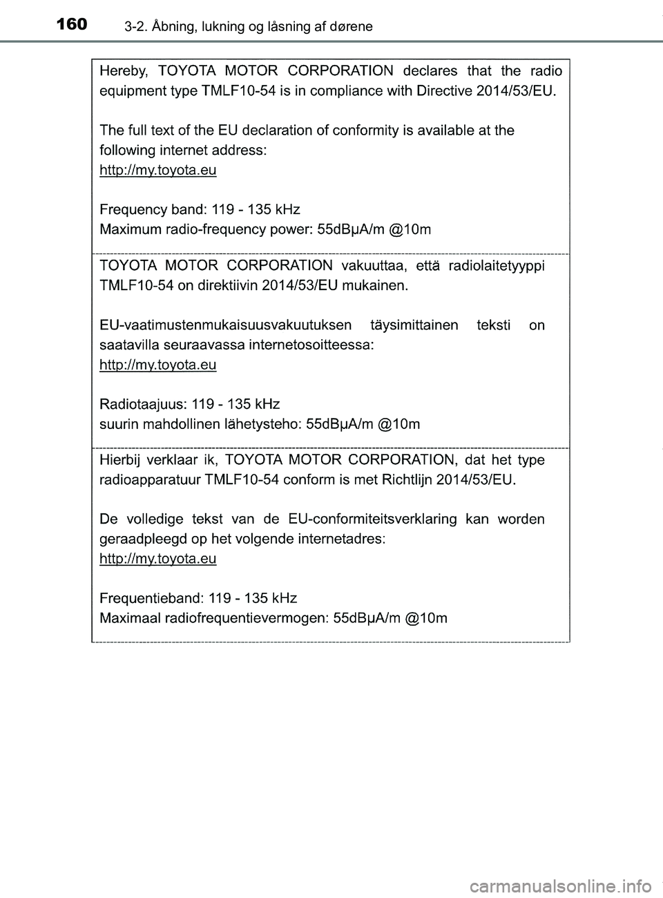 TOYOTA PRIUS PLUS 2019  Brugsanvisning (in Danish) 1603-2. Åbning, lukning og låsning af dørene
PRIUS +_OM_OM47D30DK_(EE)
OM47D30DK.book  Page 160  Wednesday, June 12, 2019  2:19 PM 