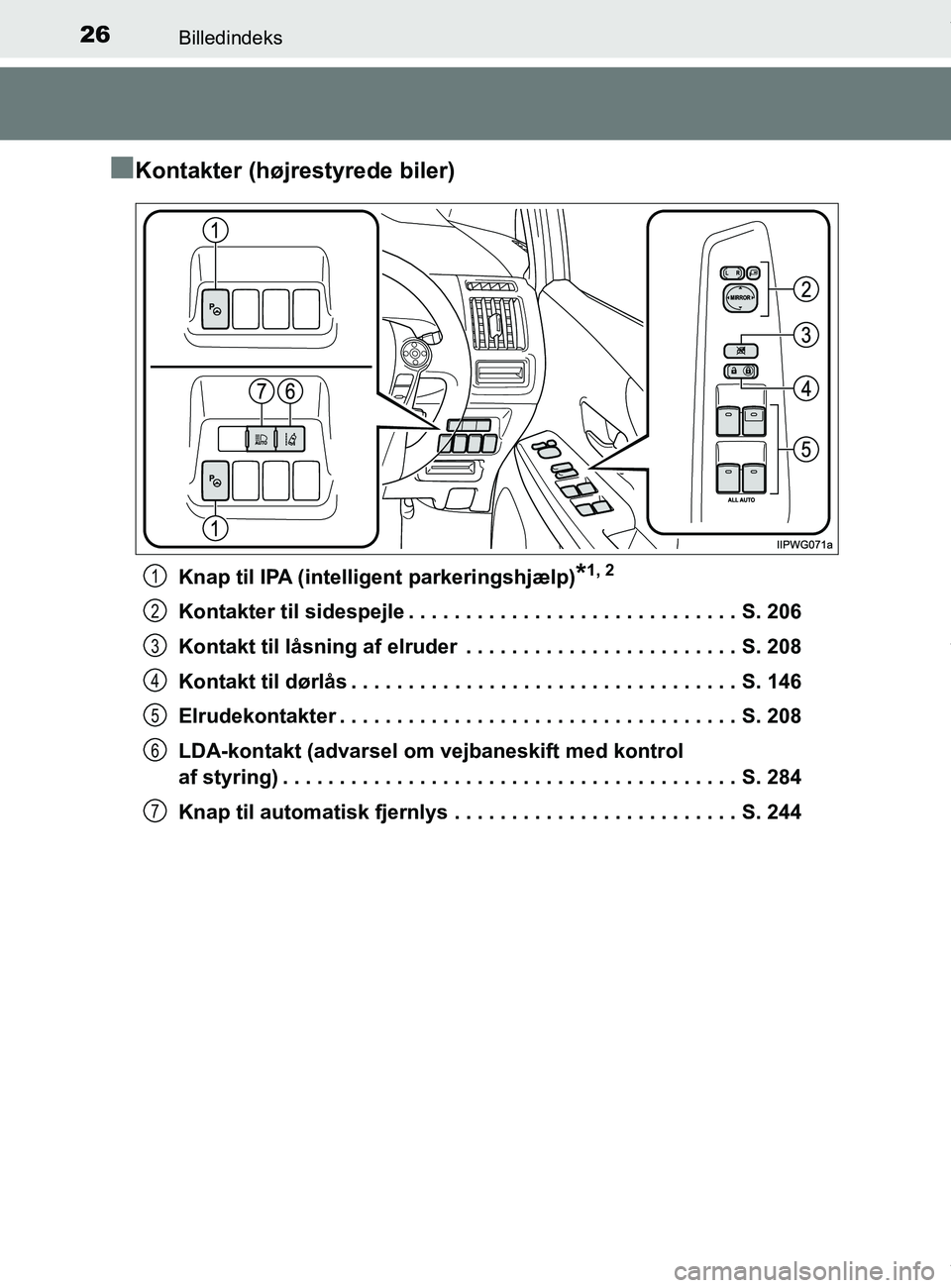 TOYOTA PRIUS PLUS 2019  Brugsanvisning (in Danish) 26Billedindeks
PRIUS +_OM_OM47D30DK_(EE)
nKontakter (højrestyrede biler)
Knap til IPA (intelligent parkeringshjælp)*1, 2
Kontakter til sidespejle . . . . . . . . . . . . . . . . . . . . . . . . . . 