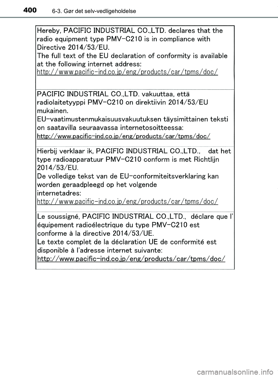 TOYOTA PRIUS PLUS 2019  Brugsanvisning (in Danish) 4006-3. Gør det selv-vedligeholdelse
PRIUS +_OM_OM47D30DK_(EE)
OM47D30DK.book  Page 400  Wednesday, June 12, 2019  2:19 PM 