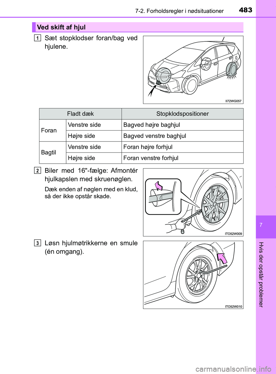 TOYOTA PRIUS PLUS 2019  Brugsanvisning (in Danish) 4837-2. Forholdsregler i nødsituationer
7
Hvis der opstår problemer
PRIUS +_OM_OM47D30DK_(EE)
Sæt stopklodser foran/bag ved
hjulene.
Biler med 16"-fælge: Afmontér
hjulkapslen med skruenøglen.
D
