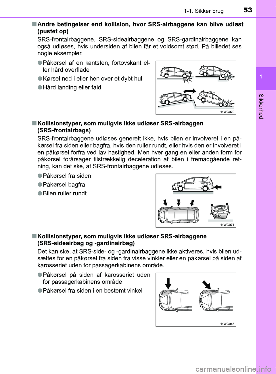 TOYOTA PRIUS PLUS 2019  Brugsanvisning (in Danish) 531-1. Sikker brug
1
Sikkerhed
PRIUS +_OM_OM47D30DK_(EE)n
Andre betingelser end kollision, hv or SRS-airbaggene kan blive udløst
(pustet op)
SRS-frontairbaggene, SRS-sideairbaggene og SRS-gardinairba