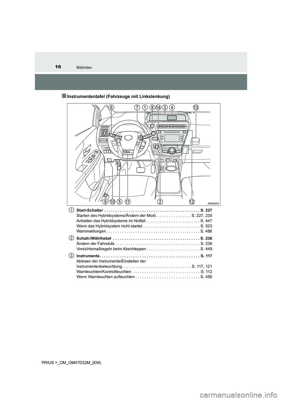 TOYOTA PRIUS PLUS 2019  Betriebsanleitungen (in German) 16Bildindex
PRIUS +_OM_OM47D32M_(EM)
■Instrumententafel (Fahrzeuge mit Linkslenkung)
Start-Schalter  . . . . . . . . . . . . . . . . . . . . . . . . . . . . . . . . . . . . . . . . . . . S. 227 
Sta