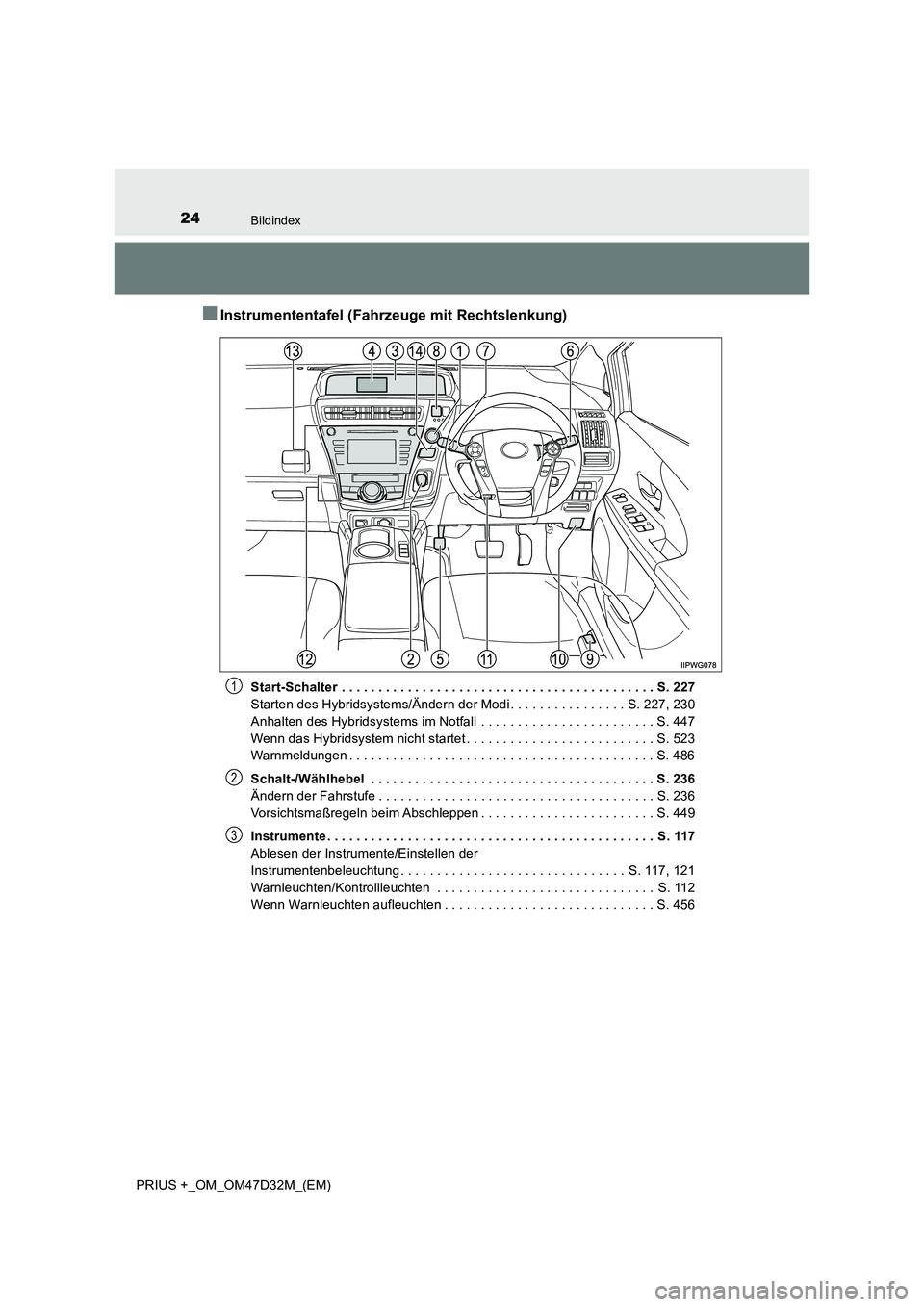 TOYOTA PRIUS PLUS 2019  Betriebsanleitungen (in German) 24Bildindex
PRIUS +_OM_OM47D32M_(EM)
■Instrumententafel (Fahrzeuge mit Rechtslenkung)
Start-Schalter  . . . . . . . . . . . . . . . . . . . . . . . . . . . . . . . . . . . . . . . . . . . S. 227 
St
