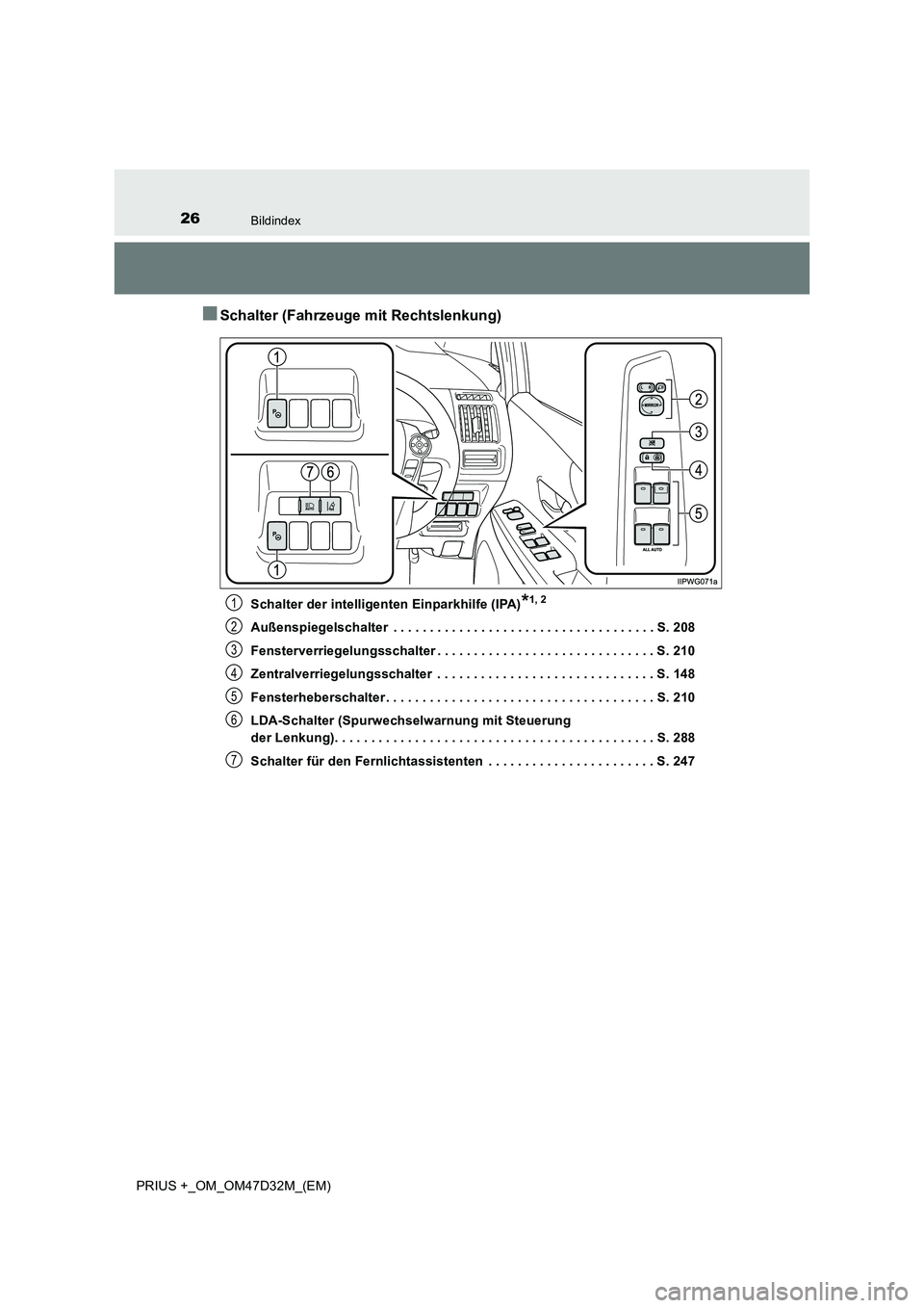TOYOTA PRIUS PLUS 2019  Betriebsanleitungen (in German) 26Bildindex
PRIUS +_OM_OM47D32M_(EM)
■Schalter (Fahrzeuge mit Rechtslenkung)
Schalter der intelligenten Einparkhilfe (IPA)*1, 2
Außenspiegelschalter  . . . . . . . . . . . . . . . . . . . . . . . .