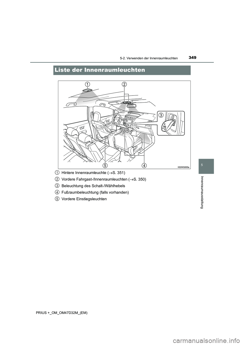 TOYOTA PRIUS PLUS 2019  Betriebsanleitungen (in German) 3495-2. Verwenden der Innenraumleuchten
PRIUS +_OM_OM47D32M_(EM)
5
Innenraumausstattung
Liste der Innenraumleuchten
Hintere Innenraumleuchte (S. 351) 
Vordere Fahrgast-/Innenraumleuchten ( S. 35