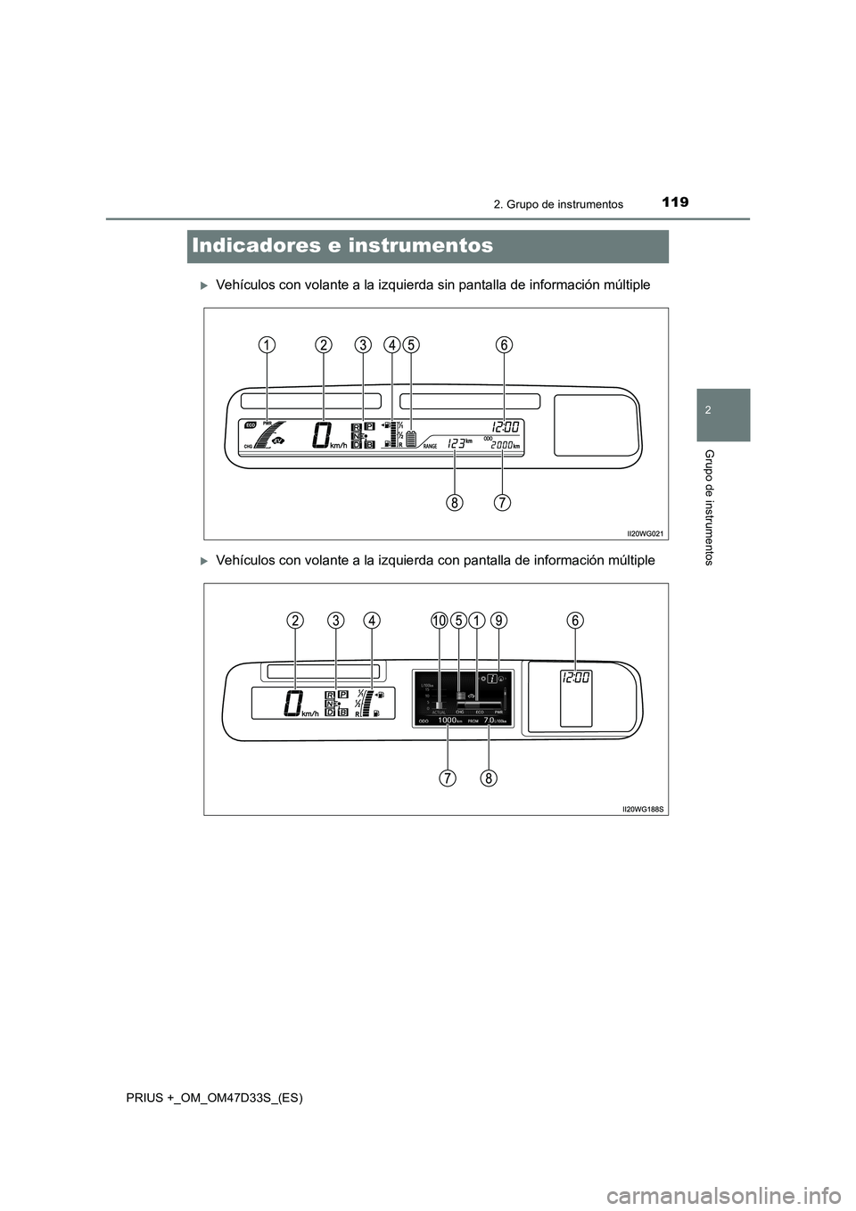 TOYOTA PRIUS PLUS 2019  Manual del propietario (in Spanish) 119
2
2. Grupo de instrumentos
Grupo de instrumentos
PRIUS +_OM_OM47D33S_(ES)
Indicadores e instrumentos
Vehículos con volante a la izquierda sin pantalla de información múltiple
Vehículos c