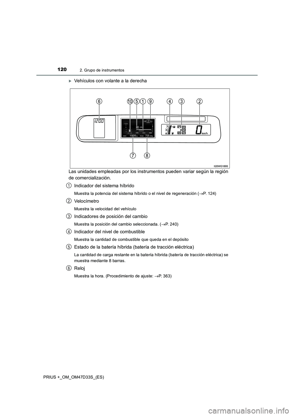 TOYOTA PRIUS PLUS 2019  Manual del propietario (in Spanish) 1202. Grupo de instrumentos
PRIUS +_OM_OM47D33S_(ES)
Vehículos con volante a la derecha
Las unidades empleadas por los instrumentos pueden variar según la región
de comercialización.
Indicador 