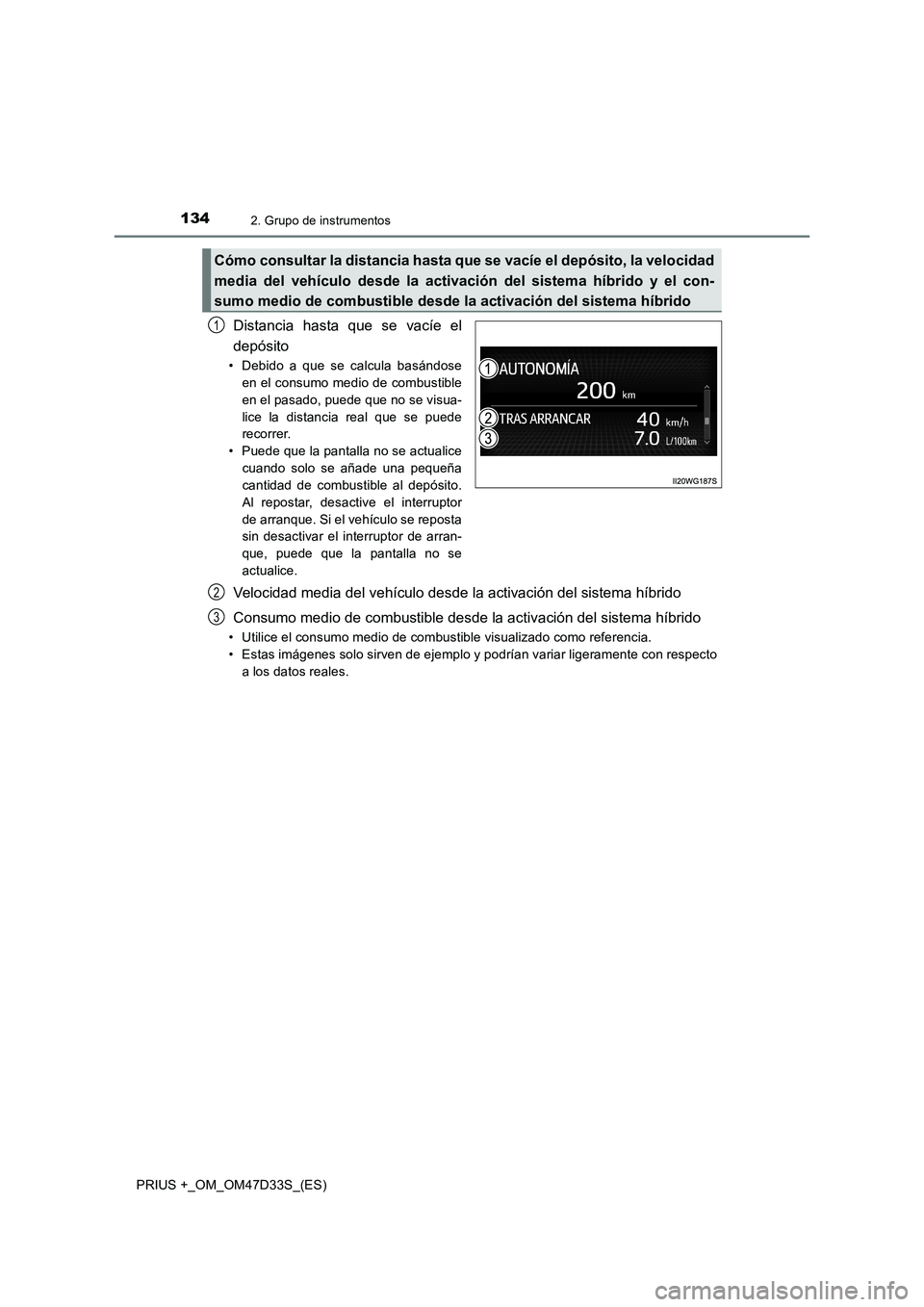 TOYOTA PRIUS PLUS 2019 Manual del propietario (in Spanish) 1342. Grupo de instrumentos
PRIUS +_OM_OM47D33S_(ES)
Distancia hasta que se vacíe el
depósito
• Debido a que se calcula basándose
en el consumo medio de combustible
en el pasado, puede que no se TOYOTA PRIUS PLUS 2019 Manual del propietario (in Spanish) 1342. Grupo de instrumentos
PRIUS +_OM_OM47D33S_(ES)
Distancia hasta que se vacíe el
depósito
• Debido a que se calcula basándose
en el consumo medio de combustible
en el pasado, puede que no se