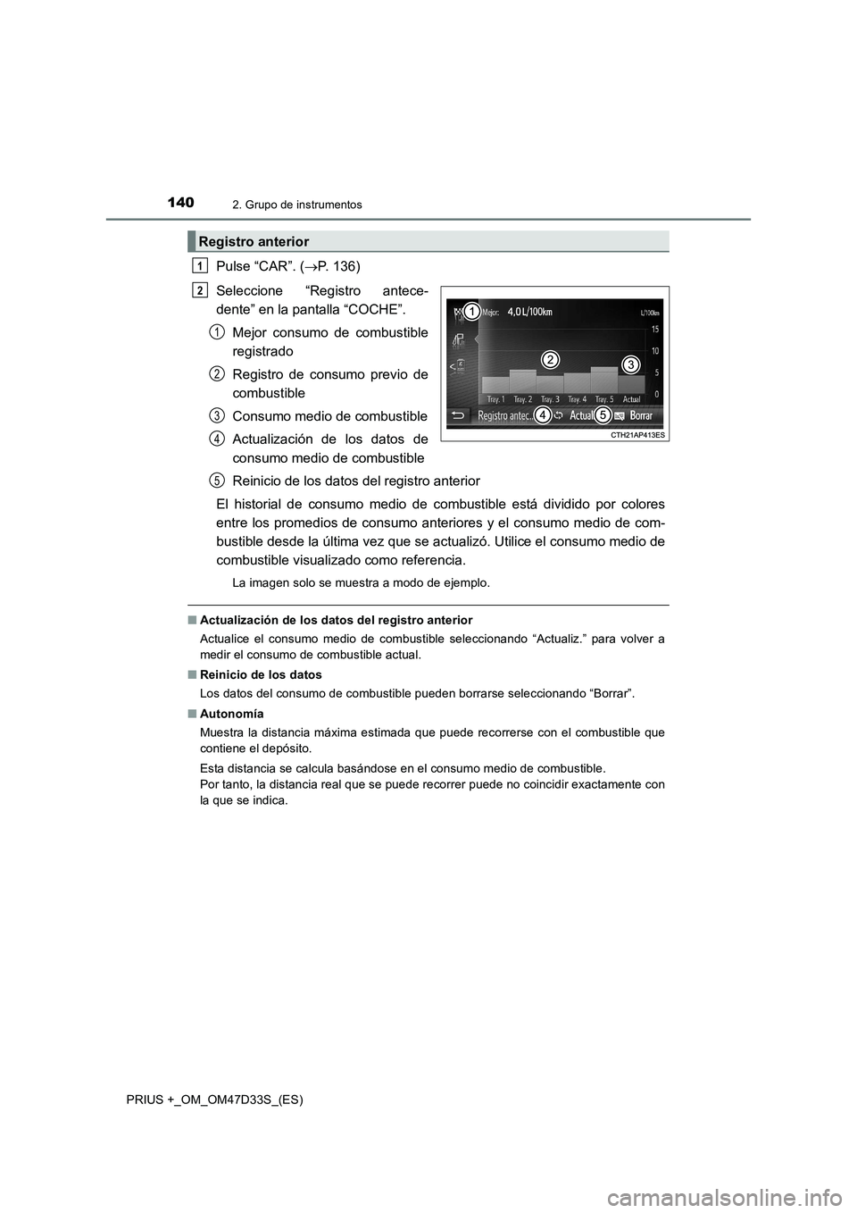 TOYOTA PRIUS PLUS 2019 Manual del propietario (in Spanish) 1402. Grupo de instrumentos
PRIUS +_OM_OM47D33S_(ES)
Pulse “CAR”. (P. 136)
Seleccione “Registro antece-
dente” en la pantalla “COCHE”.
Mejor consumo de combustible
registrado
Registro d TOYOTA PRIUS PLUS 2019 Manual del propietario (in Spanish) 1402. Grupo de instrumentos
PRIUS +_OM_OM47D33S_(ES)
Pulse “CAR”. (P. 136)
Seleccione “Registro antece-
dente” en la pantalla “COCHE”.
Mejor consumo de combustible
registrado
Registro d