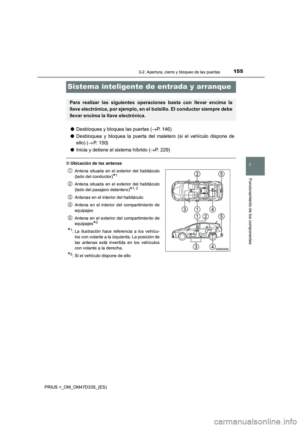 TOYOTA PRIUS PLUS 2019 Manual del propietario (in Spanish) 155
3
3-2. Apertura, cierre y bloqueo de las puertas
Funcionamiento de los componentes
PRIUS +_OM_OM47D33S_(ES)
Sistema inteligente de entrada y arranque
●Desbloquea y bloquea las puertas (P. 146 TOYOTA PRIUS PLUS 2019 Manual del propietario (in Spanish) 155
3
3-2. Apertura, cierre y bloqueo de las puertas
Funcionamiento de los componentes
PRIUS +_OM_OM47D33S_(ES)
Sistema inteligente de entrada y arranque
●Desbloquea y bloquea las puertas (P. 146