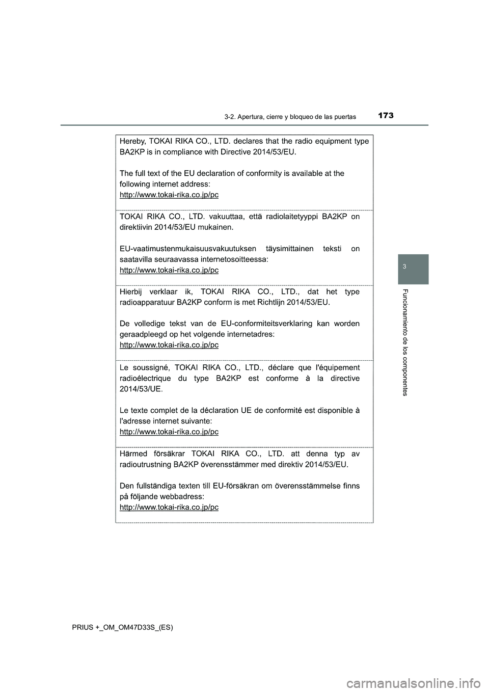 TOYOTA PRIUS PLUS 2019  Manual del propietario (in Spanish) 1733-2. Apertura, cierre y bloqueo de las puertas
3
Funcionamiento de los componentes
PRIUS +_OM_OM47D33S_(ES) 