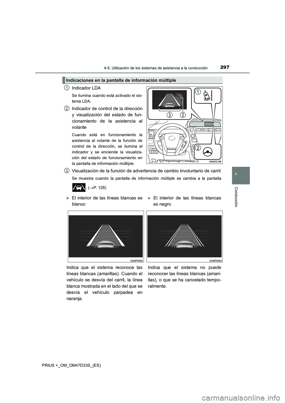 TOYOTA PRIUS PLUS 2019 Manual del propietario (in Spanish) 2974-5. Utilización de los sistemas de asistencia a la conducción
4
Conducción
PRIUS +_OM_OM47D33S_(ES)
Indicador LDA
Se ilumina cuando está activado el sis-
tema LDA.
Indicador de control de la d TOYOTA PRIUS PLUS 2019 Manual del propietario (in Spanish) 2974-5. Utilización de los sistemas de asistencia a la conducción
4
Conducción
PRIUS +_OM_OM47D33S_(ES)
Indicador LDA
Se ilumina cuando está activado el sis-
tema LDA.
Indicador de control de la d
