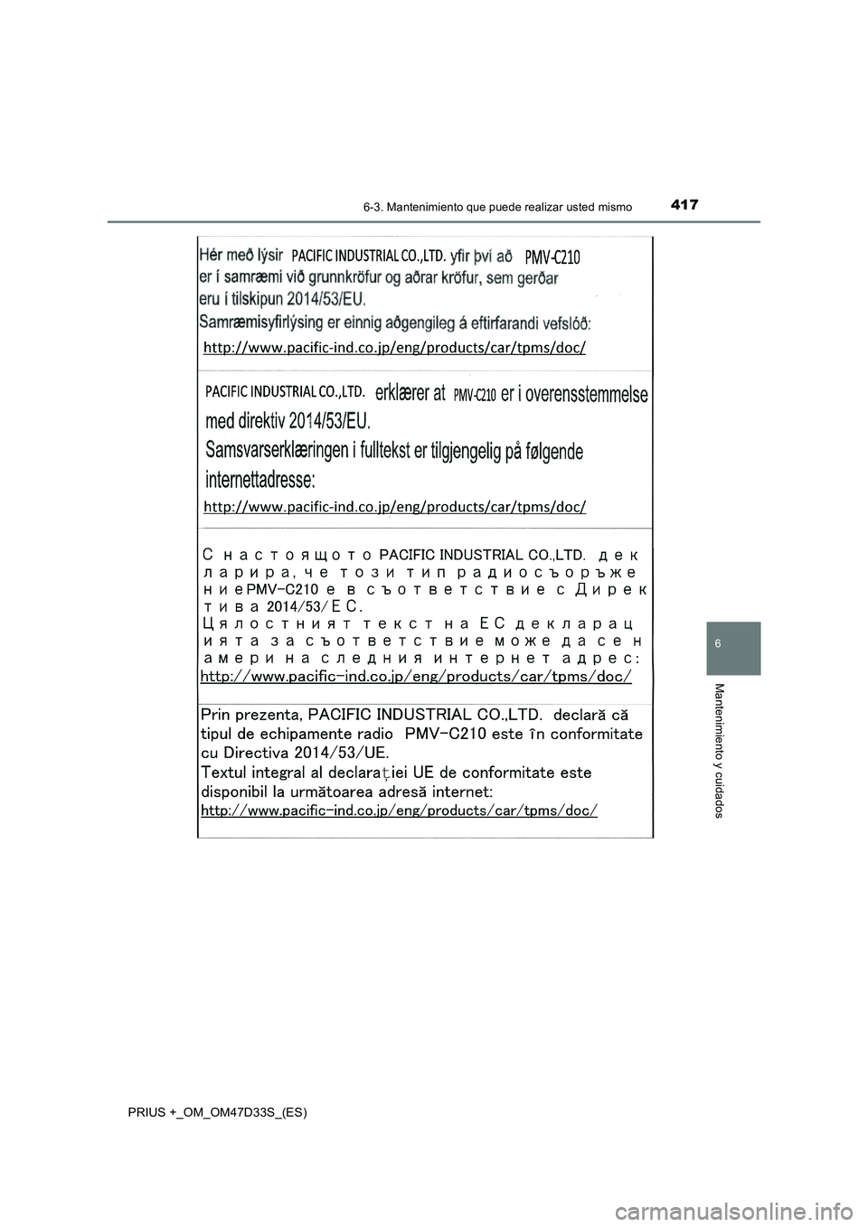 TOYOTA PRIUS PLUS 2019  Manual del propietario (in Spanish) 4176-3. Mantenimiento que puede realizar usted mismo
PRIUS +_OM_OM47D33S_(ES)
6
Mantenimiento y cuidados 