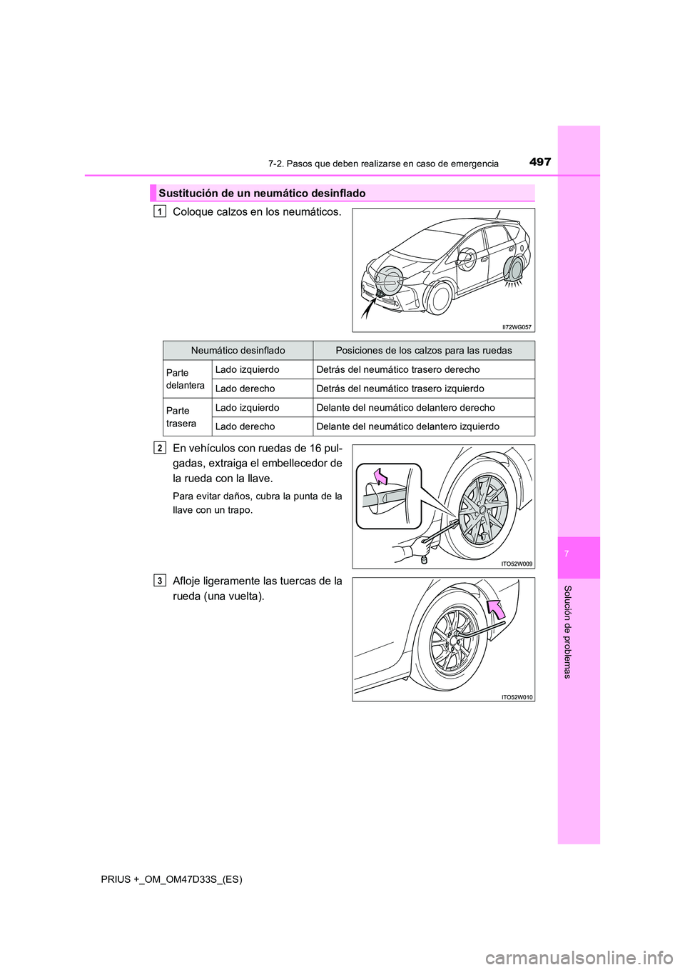 TOYOTA PRIUS PLUS 2019  Manual del propietario (in Spanish) 4977-2. Pasos que deben realizarse en caso de emergencia
PRIUS +_OM_OM47D33S_(ES)
7
Solución de problemas
Coloque calzos en los neumáticos. 
En vehículos con ruedas de 16 pul- 
gadas, extraiga el e