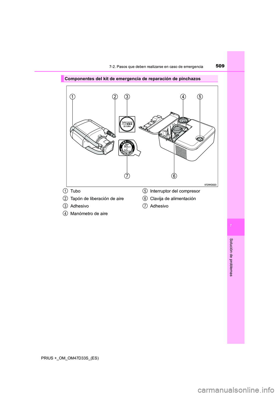 TOYOTA PRIUS PLUS 2019  Manual del propietario (in Spanish) 5097-2. Pasos que deben realizarse en caso de emergencia
PRIUS +_OM_OM47D33S_(ES)
7
Solución de problemas
Componentes del kit de emergencia de reparación de pinchazos
Tubo 
Tapón de liberación de 