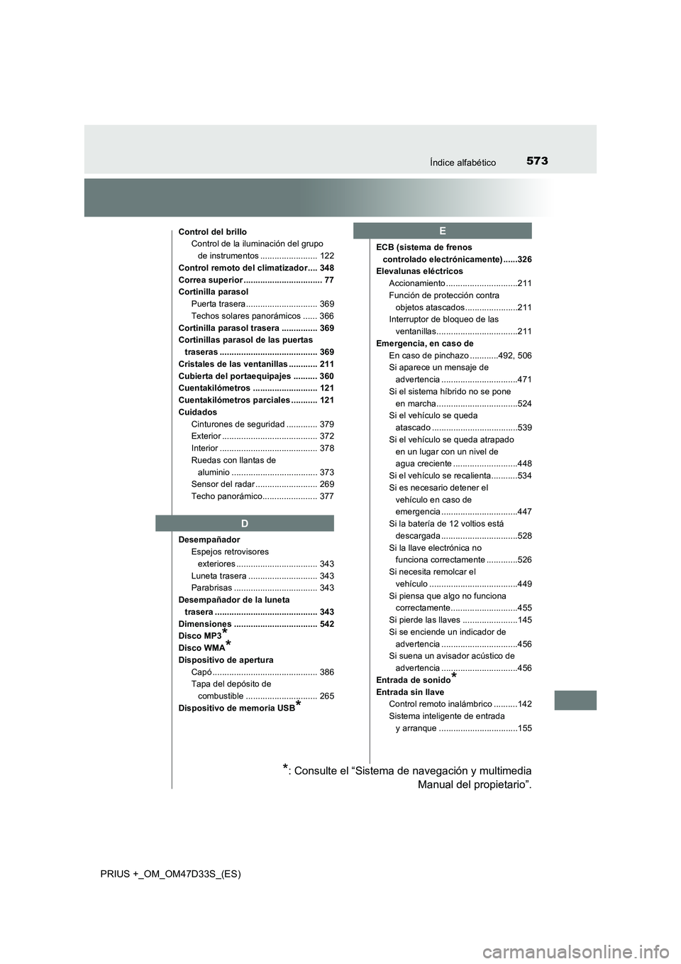 TOYOTA PRIUS PLUS 2019  Manual del propietario (in Spanish) 573Índice alfabético
PRIUS +_OM_OM47D33S_(ES)
Control del brillo
Control de la iluminación del grupo 
de instrumentos ........................ 122
Control remoto del climatizador .... 348
Correa su