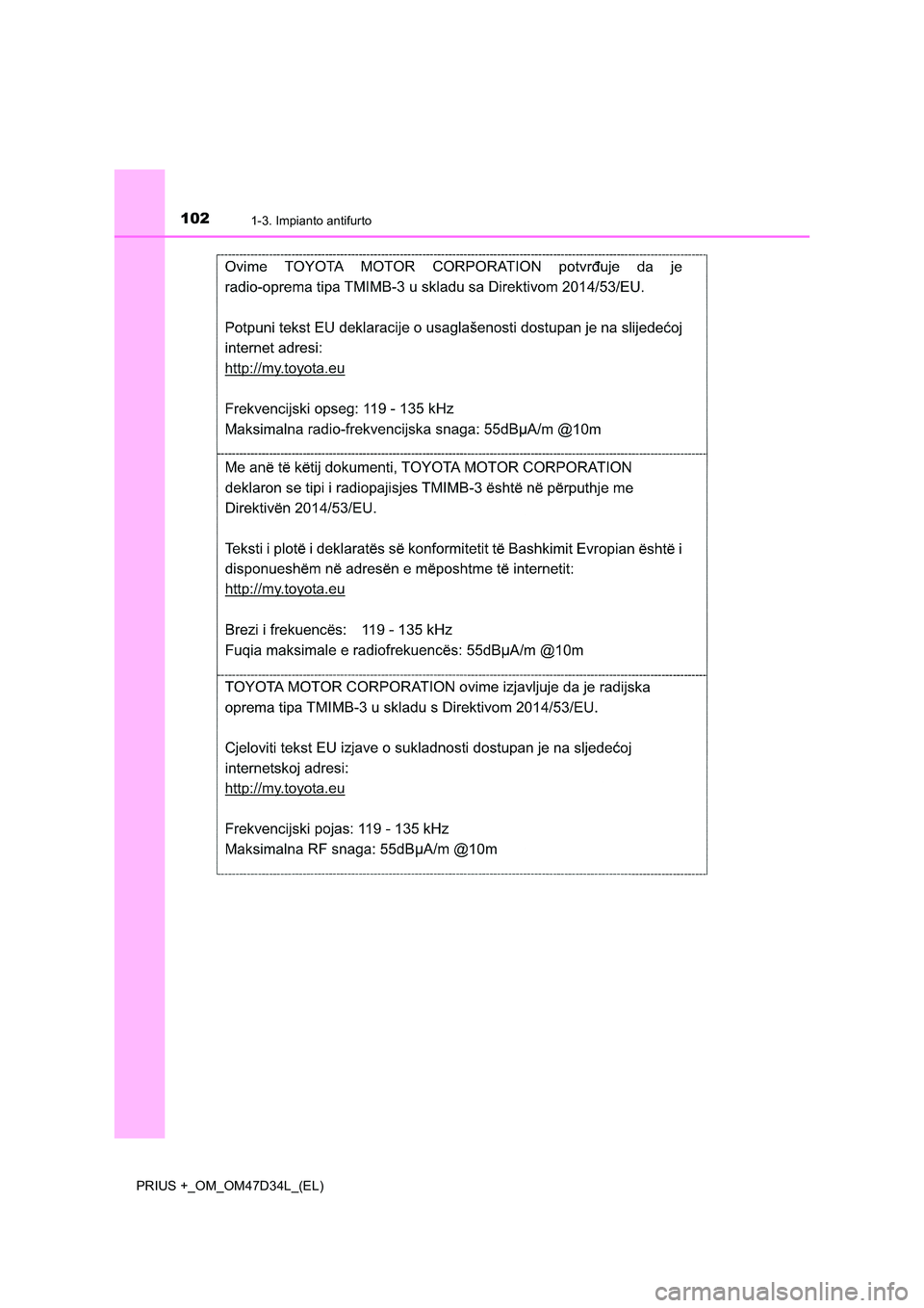 TOYOTA PRIUS PLUS 2019  Manuale duso (in Italian) 1021-3. Impianto antifurto
PRIUS +_OM_OM47D34L_(EL) 
