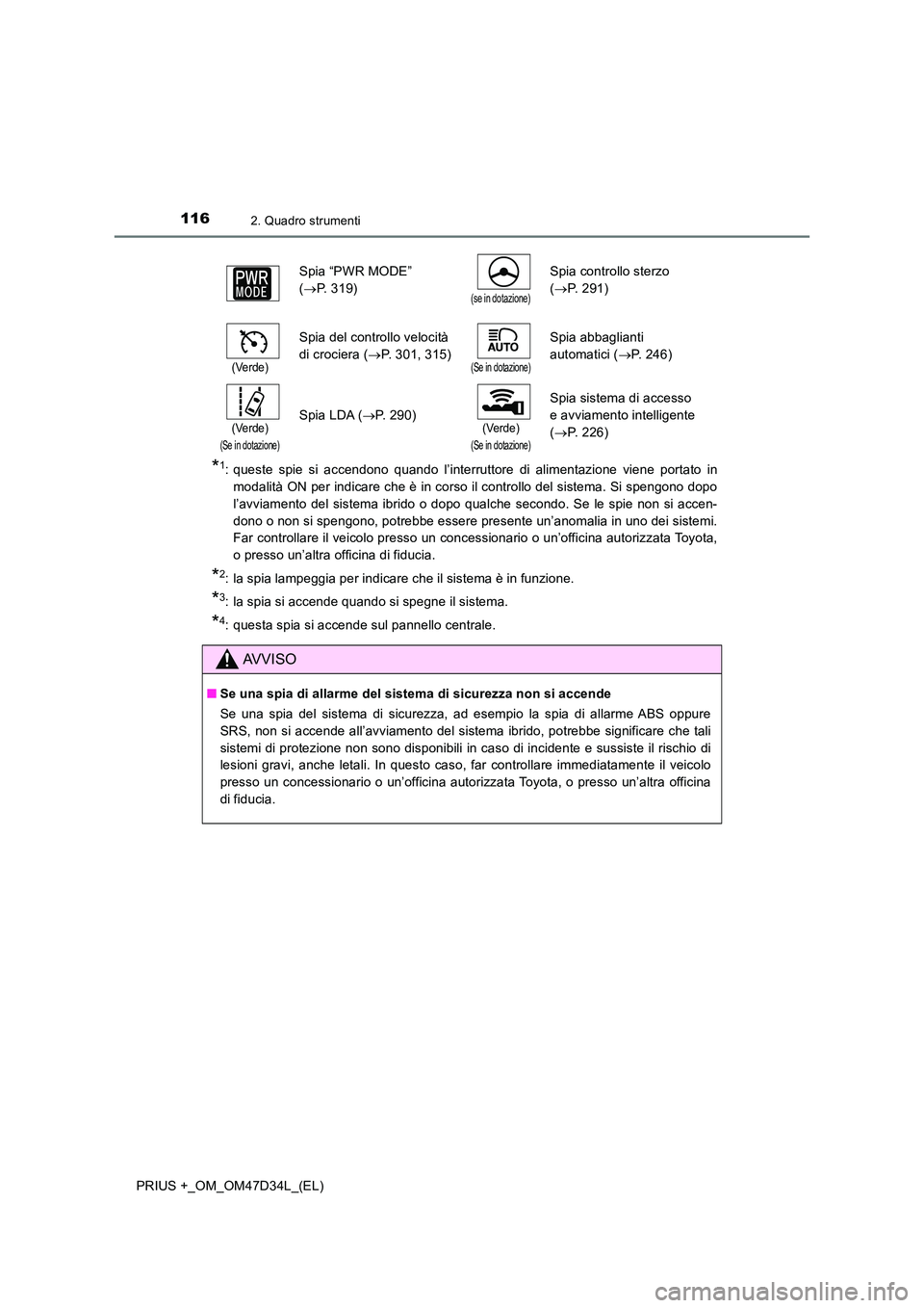 TOYOTA PRIUS PLUS 2019  Manuale duso (in Italian) 1162. Quadro strumenti
PRIUS +_OM_OM47D34L_(EL)
*1: queste spie si accendono quando l’interruttore di alimentazione viene portato in 
modalità ON per indicare che è in corso il controllo del siste