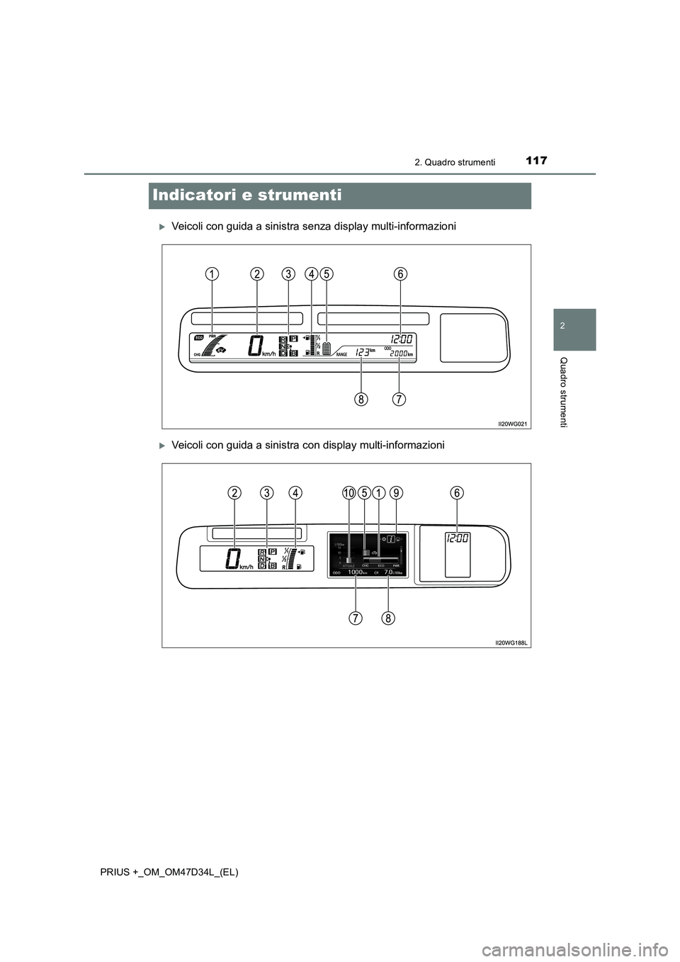 TOYOTA PRIUS PLUS 2019  Manuale duso (in Italian) 117
2
2. Quadro strumenti
Quadro strumenti
PRIUS +_OM_OM47D34L_(EL)
Indicatori e strumenti
Veicoli con guida a sinistra senza display multi-informazioni
Veicoli con guida a sinistra con display 
