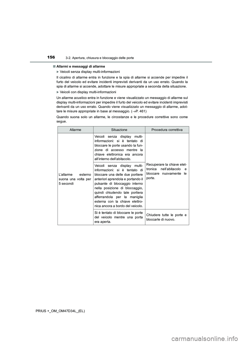 TOYOTA PRIUS PLUS 2019  Manuale duso (in Italian) 1563-2. Apertura, chiusura e bloccaggio delle porte
PRIUS +_OM_OM47D34L_(EL)■Allarmi e messaggi di allarme
Veicoli senza display multi-informazioni
Il cicalino di allarme entra in funzione e la s
