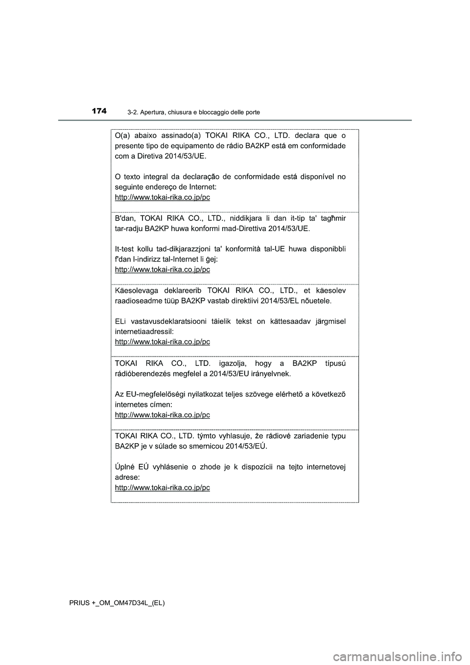 TOYOTA PRIUS PLUS 2019  Manuale duso (in Italian) 1743-2. Apertura, chiusura e bloccaggio delle porte
PRIUS +_OM_OM47D34L_(EL) 