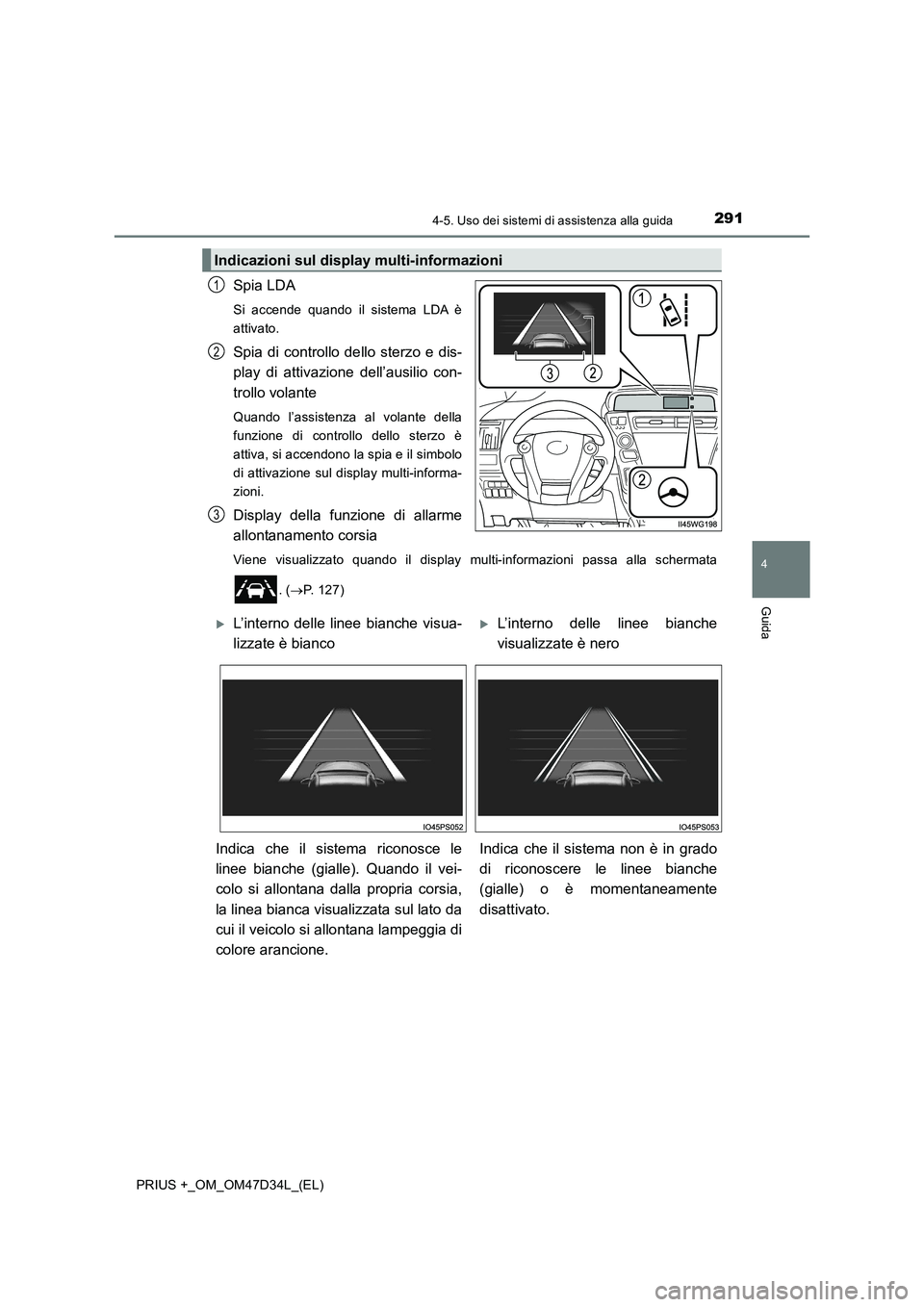 TOYOTA PRIUS PLUS 2019  Manuale duso (in Italian) 2914-5. Uso dei sistemi di assistenza alla guida
4
Guida
PRIUS +_OM_OM47D34L_(EL)
Spia LDA
Si accende quando il sistema LDA è
attivato.
Spia di controllo dello sterzo e dis-
play di attivazione dell