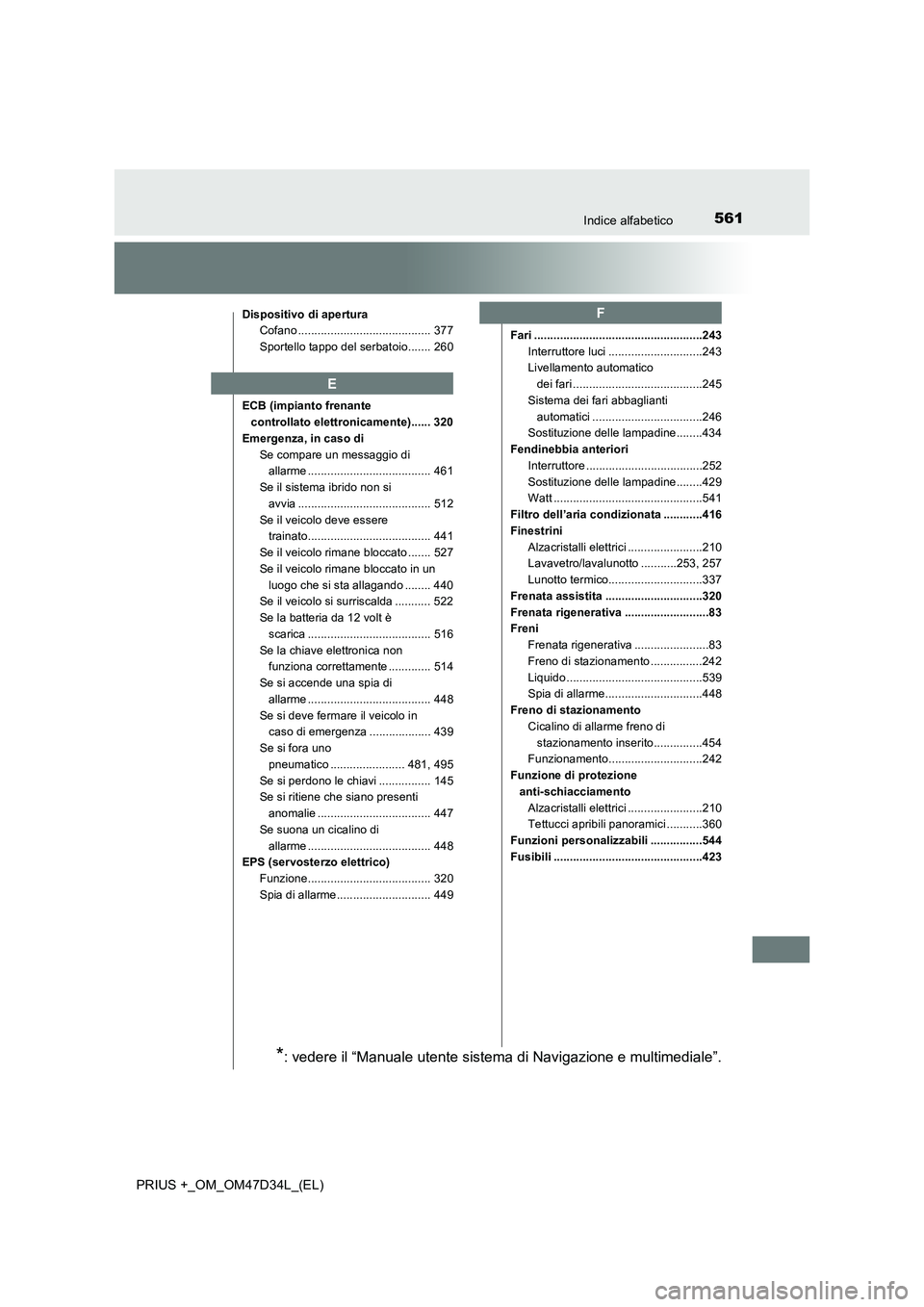 TOYOTA PRIUS PLUS 2019  Manuale duso (in Italian) 561Indice alfabetico
PRIUS +_OM_OM47D34L_(EL)
Dispositivo di apertura
Cofano ......................................... 377
Sportello tappo del serbatoio....... 260
ECB (impianto frenante 
controllato 
