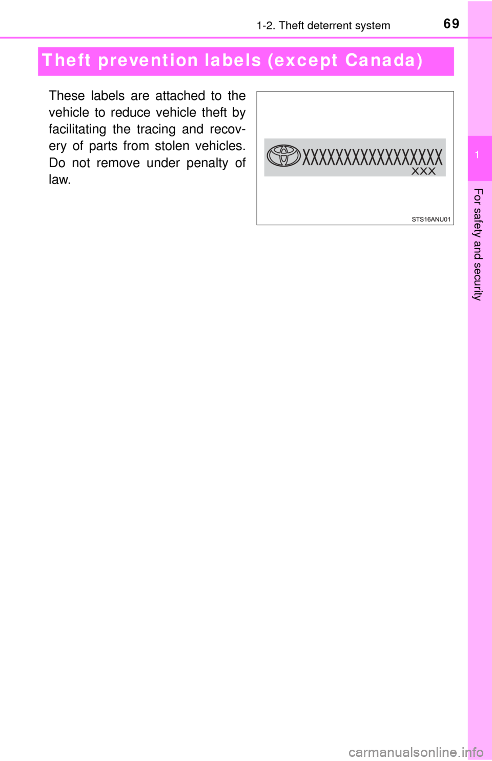 TOYOTA YARIS 2015 3.G Owners Manual 691-2. Theft deterrent system
1
For safety and security
Theft prevention labels (except Canada)
These labels are attached to the
vehicle to reduce vehicle theft by
facilitating the tracing and recov-
