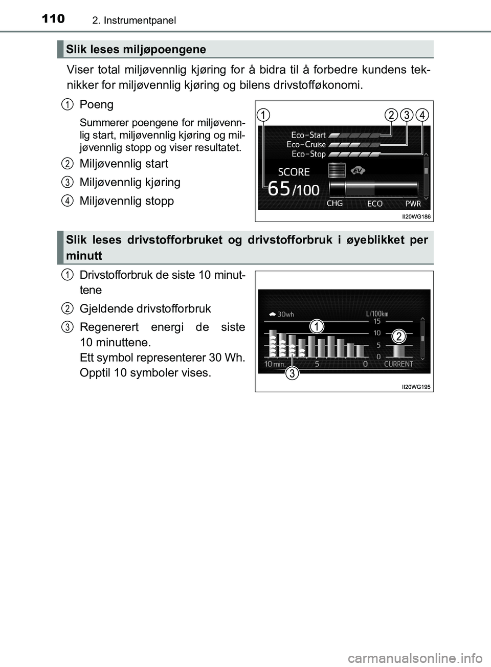 TOYOTA PRIUS PLUS 2019  Instruksjoner for bruk (in Norwegian) 1102. Instrumentpanel
OM47D30NO
Viser total miljøvennlig kjøring for å bidra til å forbedre kundens tek-
nikker for miljøvennlig kjøring  og bilens drivstofføkonomi.
Poeng
Summerer poengene for