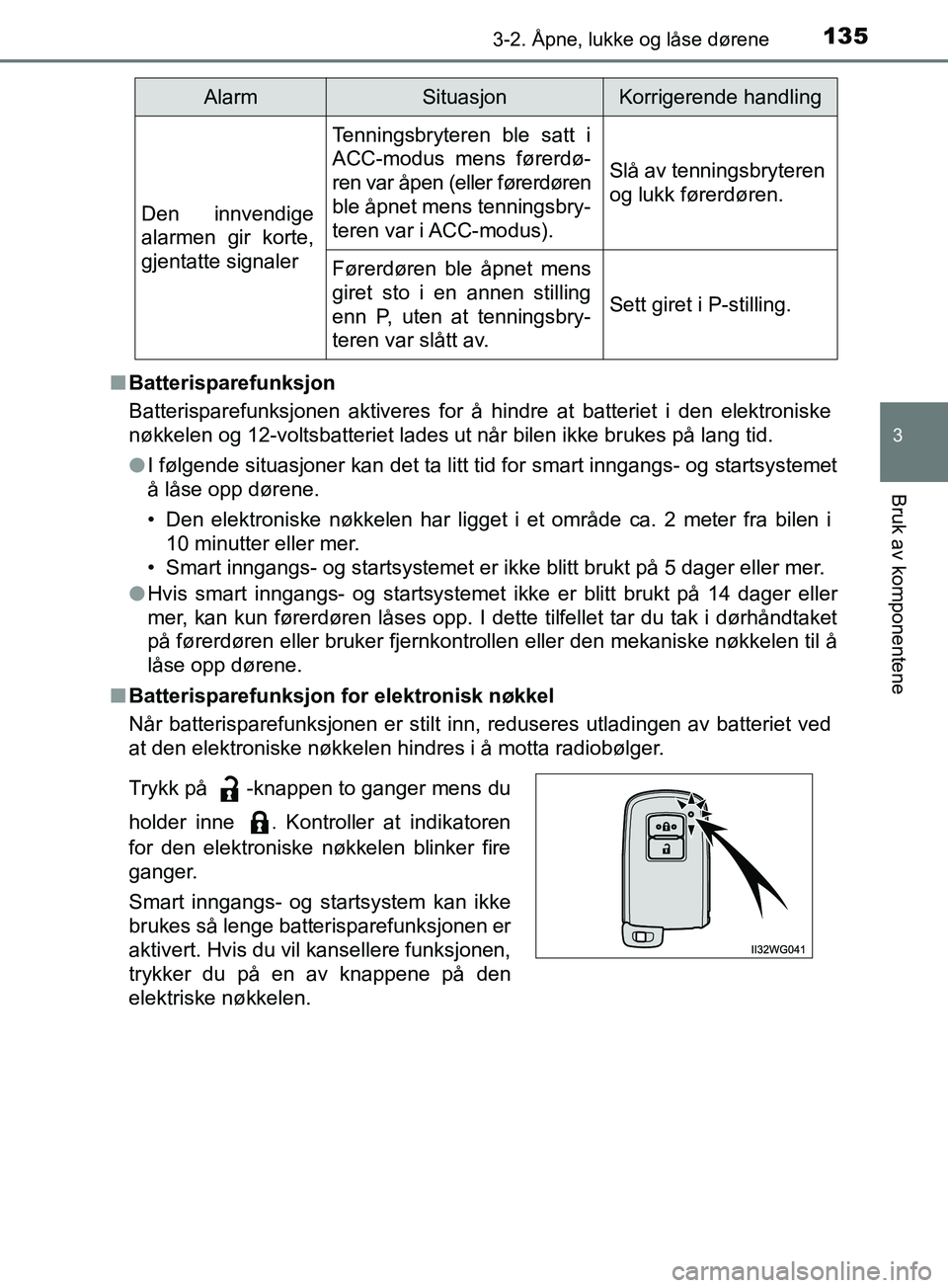 TOYOTA PRIUS PLUS 2019 Instruksjoner for bruk (in Norwegian) 1353-2. Åpne, lukke og låse dørene
3
Bruk av komponentene
OM47D30NOn
Batterisparefunksjon
Batterisparefunksjonen aktiveres for å hindre at batteriet i den elek\
troniske
nøkkelen og 12-voltsbatte TOYOTA PRIUS PLUS 2019 Instruksjoner for bruk (in Norwegian) 1353-2. Åpne, lukke og låse dørene
3
Bruk av komponentene
OM47D30NOn
Batterisparefunksjon
Batterisparefunksjonen aktiveres for å hindre at batteriet i den elek\
troniske
nøkkelen og 12-voltsbatte