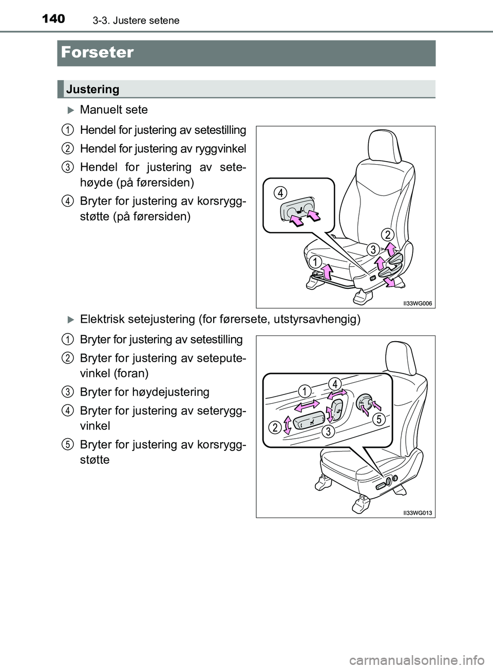 TOYOTA PRIUS PLUS 2019  Instruksjoner for bruk (in Norwegian) 1403-3. Justere setene
OM47D30NO
Forseter
Manuelt sete
Hendel for justering av setestilling
Hendel for justering av ryggvinkel
Hendel for justering av sete-
høyde (på førersiden)
Bryter for just
