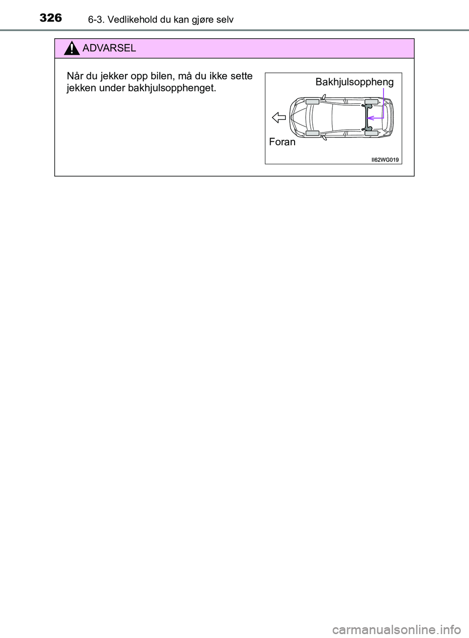 TOYOTA PRIUS PLUS 2019  Instruksjoner for bruk (in Norwegian) 3266-3. Vedlikehold du kan gjøre selv
OM47D30NO
ADVARSEL
Når du jekker opp bilen, må du ikke sette
jekken under bakhjulsopphenget.Bakhjulsoppheng
Foran
OM47D30NO.book  Page 326  Tuesday, April 30, 