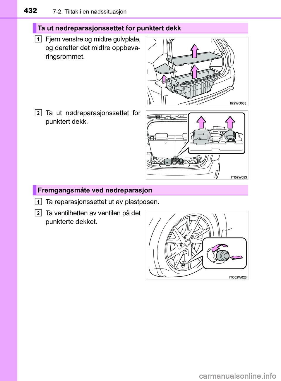 TOYOTA PRIUS PLUS 2019  Instruksjoner for bruk (in Norwegian) 4327-2. Tiltak i en nødssituasjon
OM47D30NO
Fjern venstre og midtre gulvplate,
og deretter det midtre oppbeva-
ringsrommet.
Ta ut nødreparasjonssettet for
punktert dekk.
Ta reparasjonssettet ut av p