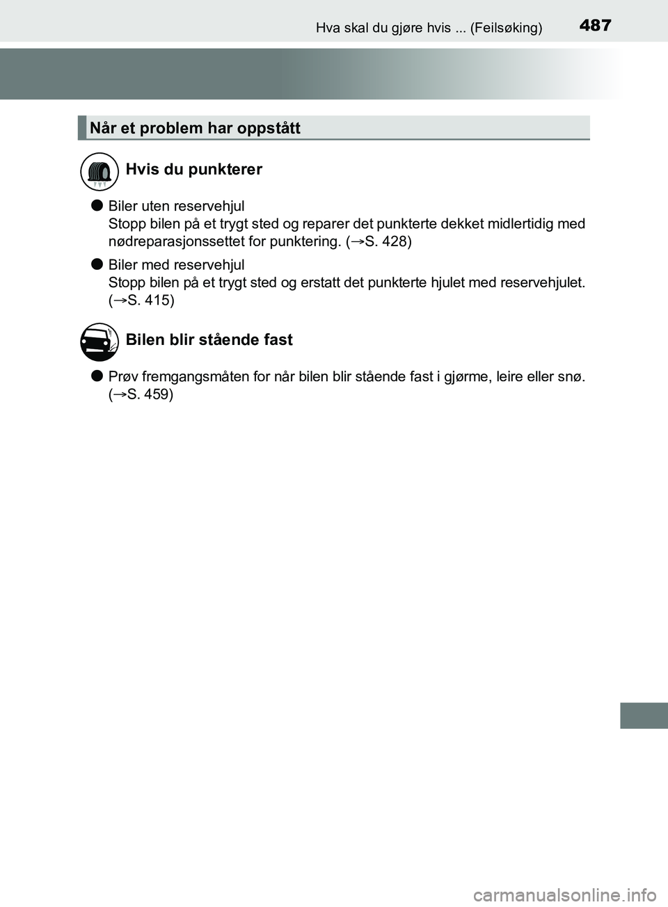TOYOTA PRIUS PLUS 2019  Instruksjoner for bruk (in Norwegian) 487Hva skal du gjøre hvis ... (Feilsøking)
OM47D30NO
lBiler uten reservehjul
Stopp bilen på et trygt sted og reparer det punkterte dekket midlertidig med
nødreparasjonssettet for punktering. (S