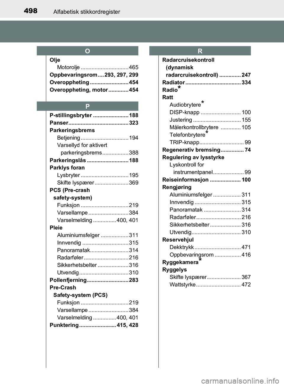TOYOTA PRIUS PLUS 2019 Instruksjoner for bruk (in Norwegian) 498Alfabetisk stikkordregister
OM47D30NO
Olje
Motorolje ............................... 465
Oppbevaringsrom .... 293, 297, 299
Overoppheting ......................... 454
Overoppheting, motor ........ TOYOTA PRIUS PLUS 2019 Instruksjoner for bruk (in Norwegian) 498Alfabetisk stikkordregister
OM47D30NO
Olje
Motorolje ............................... 465
Oppbevaringsrom .... 293, 297, 299
Overoppheting ......................... 454
Overoppheting, motor ........