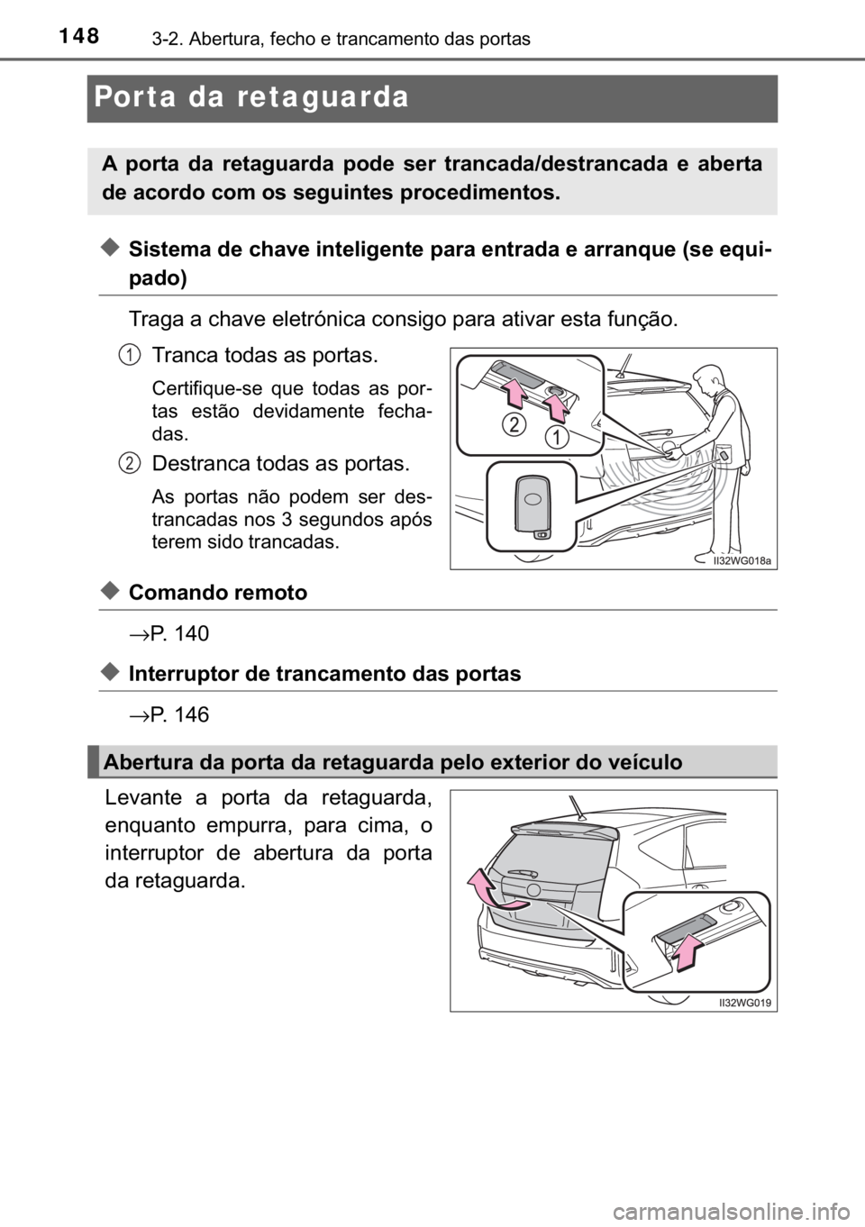 TOYOTA PRIUS PLUS 2019  Manual de utilização (in Portuguese) 148������$�E�H�U�W�X�U�D���I�H�F�K�R��H��W�U�D�Q�F�D�P�H�Q�W�R��G�D�V��S�R�U�W�D�V
Por ta da retaguarda
◆�6�L�V�W�H�P�D��G�H��F�K�D�Y�H��L�Q�W�H�O�L�J�H�Q�W�H��S�D�U�D��H�Q�W�U�D�G�D