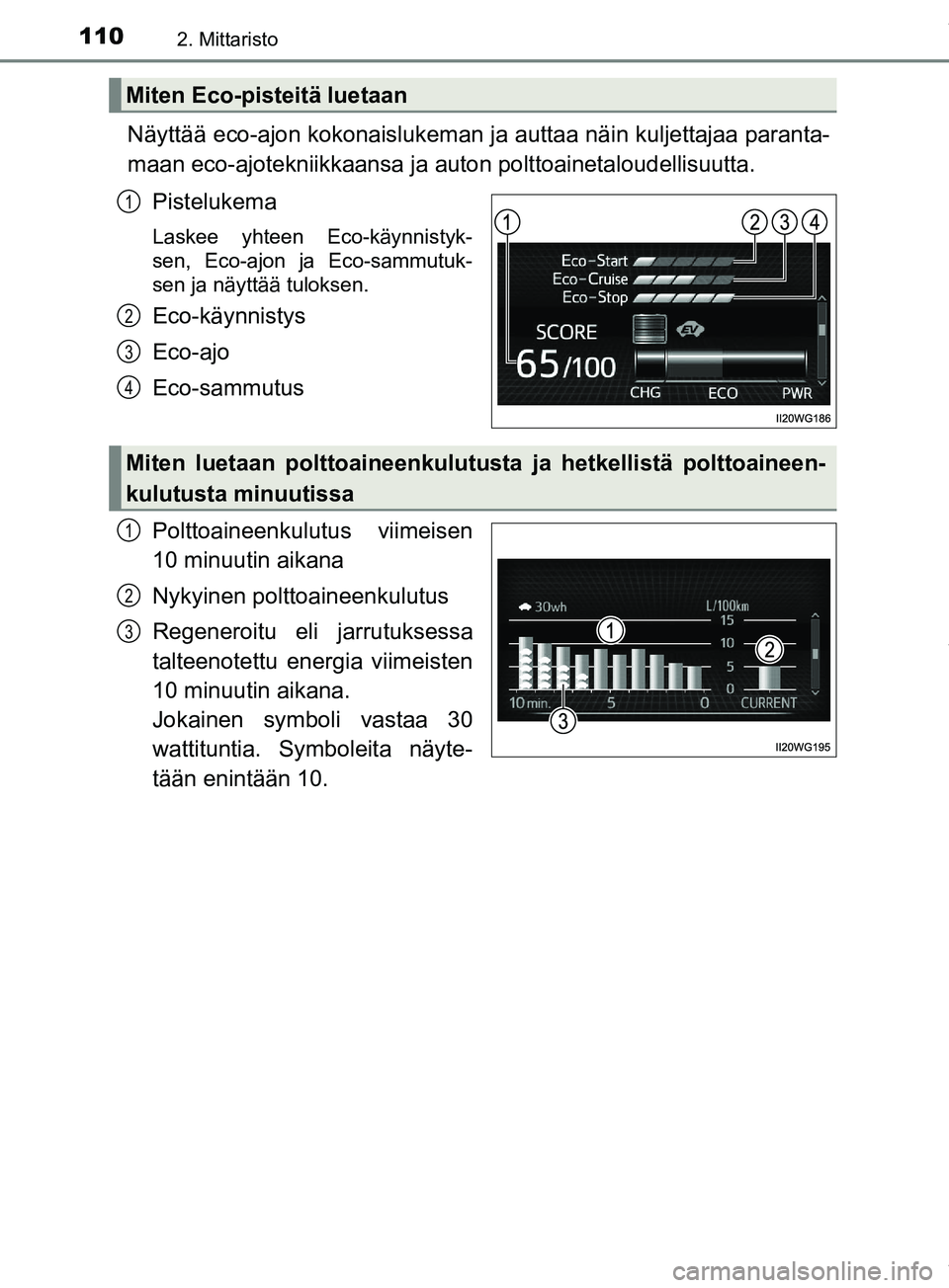 TOYOTA PRIUS PLUS 2019  Omistajan Käsikirja (in Finnish) 1102. Mittaristo
PRIUS +_OM47D30FI
Näyttää eco-ajon kokonaislukeman ja auttaa näin kuljettajaa paranta-
maan eco-ajotekniikkaansa ja auton polttoainetaloudellisuutta.
Pistelukema
Laskee yhteen Eco