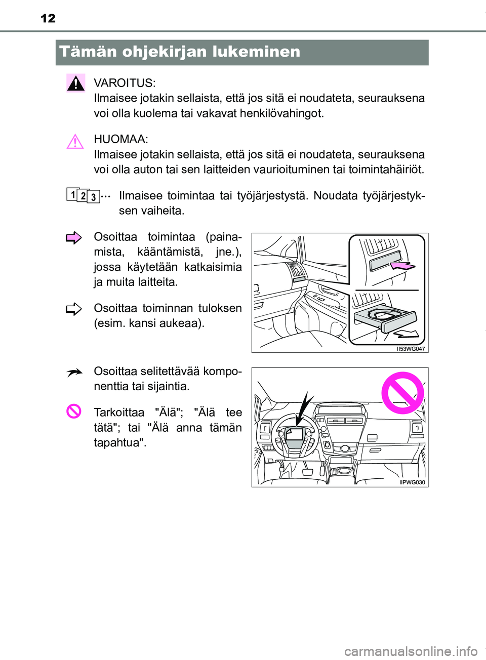 TOYOTA PRIUS PLUS 2019  Omistajan Käsikirja (in Finnish) 12
PRIUS +_OM47D30FI
Tämän ohjekirjan lukeminen
VAROITUS: 
Ilmaisee jotakin sellaista, että jos sitä ei noudateta, seurauksena
voi olla kuolema tai vakavat henkilövahingot.
HUOMAA: 
Ilmaisee jota