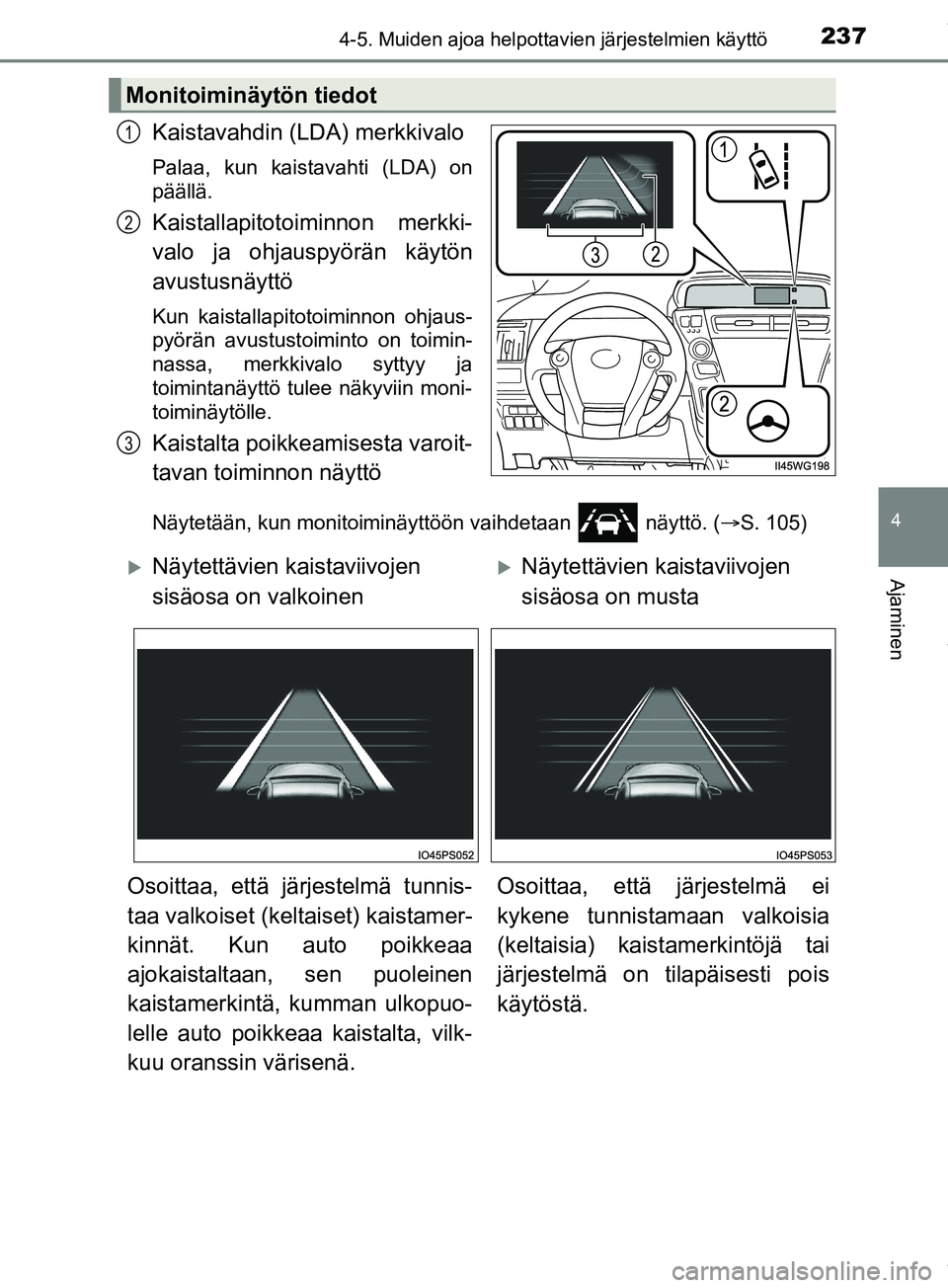 TOYOTA PRIUS PLUS 2019  Omistajan Käsikirja (in Finnish) 2374-5. Muiden ajoa helpottavien järjestelmien käyttö
4
Ajaminen
PRIUS +_OM47D30FI
Kaistavahdin (LDA) merkkivalo
Palaa, kun kaistavahti (LDA) on
päällä.
Kaistallapitotoiminnon merkki-
valo ja oh