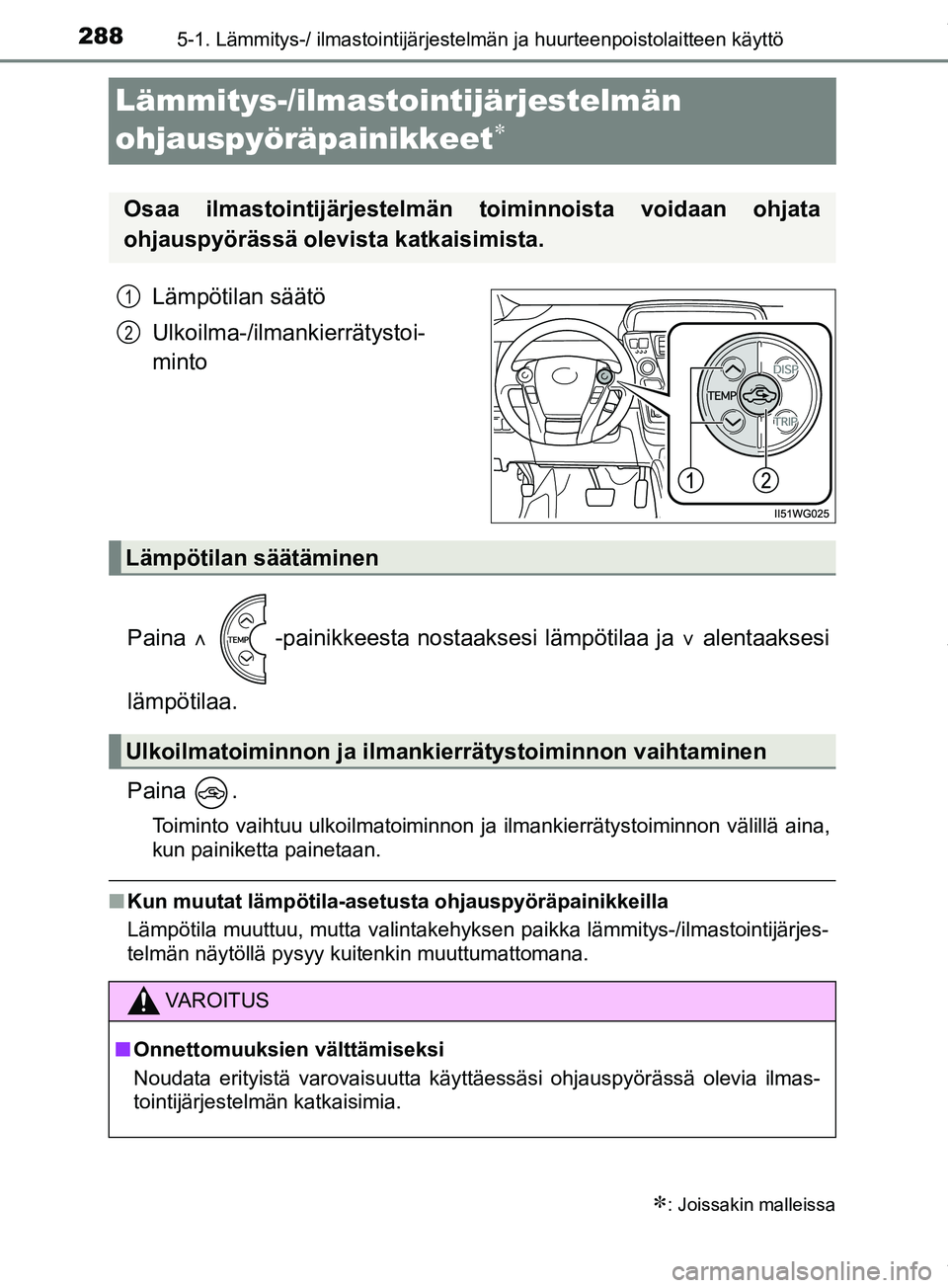 TOYOTA PRIUS PLUS 2019  Omistajan Käsikirja (in Finnish) 2885-1. Lämmitys-/ ilmastointijärjestelmän ja huurteenpoistolaitteen käyttö
PRIUS +_OM47D30FI
Lämmitys-/ilmastointijärjestelmän 
ohjauspyöräpainikkeet

Lämpötilan säätö
Ulkoilma-/ilm