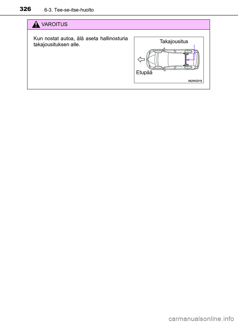 TOYOTA PRIUS PLUS 2019  Omistajan Käsikirja (in Finnish) 3266-3. Tee-se-itse-huolto
PRIUS +_OM47D30FI
VAROITUS
Kun nostat autoa, älä aseta hallinosturia
takajousituksen alle.Takajousitus
Etupää
OM47D30FI.book  Page 326  Friday, March 8, 2019  3:14 PM 