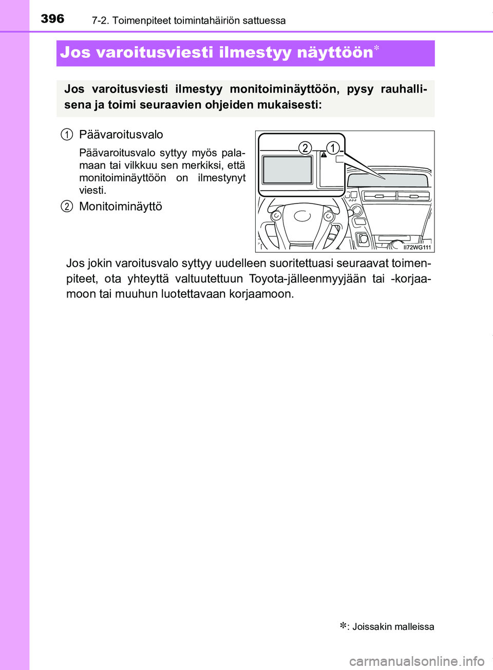 TOYOTA PRIUS PLUS 2019  Omistajan Käsikirja (in Finnish) 3967-2. Toimenpiteet toimintahäiriön sattuessa
PRIUS +_OM47D30FI
Jos varoitusviesti ilmestyy näyttöön
Päävaroitusvalo
Päävaroitusvalo syttyy myös pala-
maan tai vilkkuu sen merkiksi, ett