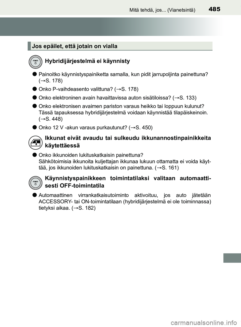 TOYOTA PRIUS PLUS 2019 Omistajan Käsikirja (in Finnish) 485Mitä tehdä, jos... (Vianetsintä)
PRIUS +_OM47D30FI
lPainoitko käynnistyspainiketta samalla, kun pidit jarrupoljinta painettuna?
(S. 178)
lOnko P-vaihdeasento valittuna? ( S. 178)
lOnko e TOYOTA PRIUS PLUS 2019 Omistajan Käsikirja (in Finnish) 485Mitä tehdä, jos... (Vianetsintä)
PRIUS +_OM47D30FI
lPainoitko käynnistyspainiketta samalla, kun pidit jarrupoljinta painettuna?
(S. 178)
lOnko P-vaihdeasento valittuna? ( S. 178)
lOnko e