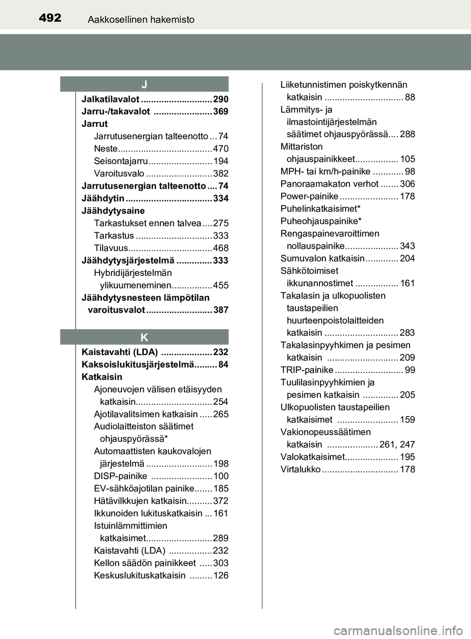 TOYOTA PRIUS PLUS 2019 Omistajan Käsikirja (in Finnish) 492Aakkosellinen hakemisto
PRIUS +_OM47D30FI
Jalkatilavalot ............................ 290
Jarru-/takavalot ....................... 369
JarrutJarrutusenergian talteenotto ... 74
Neste............... TOYOTA PRIUS PLUS 2019 Omistajan Käsikirja (in Finnish) 492Aakkosellinen hakemisto
PRIUS +_OM47D30FI
Jalkatilavalot ............................ 290
Jarru-/takavalot ....................... 369
JarrutJarrutusenergian talteenotto ... 74
Neste...............