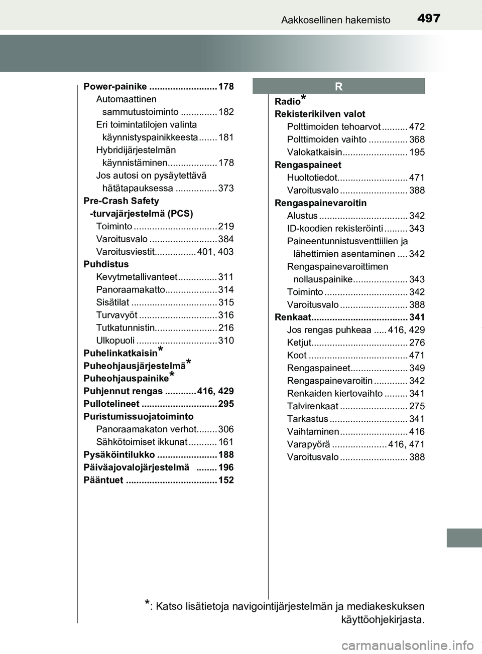 TOYOTA PRIUS PLUS 2019 Omistajan Käsikirja (in Finnish) 497Aakkosellinen hakemisto
PRIUS +_OM47D30FI
Power-painike .......................... 178Automaattinen
sammutustoiminto .............. 182
Eri toimintatilojen valinta käynnistyspainikkeesta ....... TOYOTA PRIUS PLUS 2019 Omistajan Käsikirja (in Finnish) 497Aakkosellinen hakemisto
PRIUS +_OM47D30FI
Power-painike .......................... 178Automaattinen
sammutustoiminto .............. 182
Eri toimintatilojen valinta käynnistyspainikkeesta .......